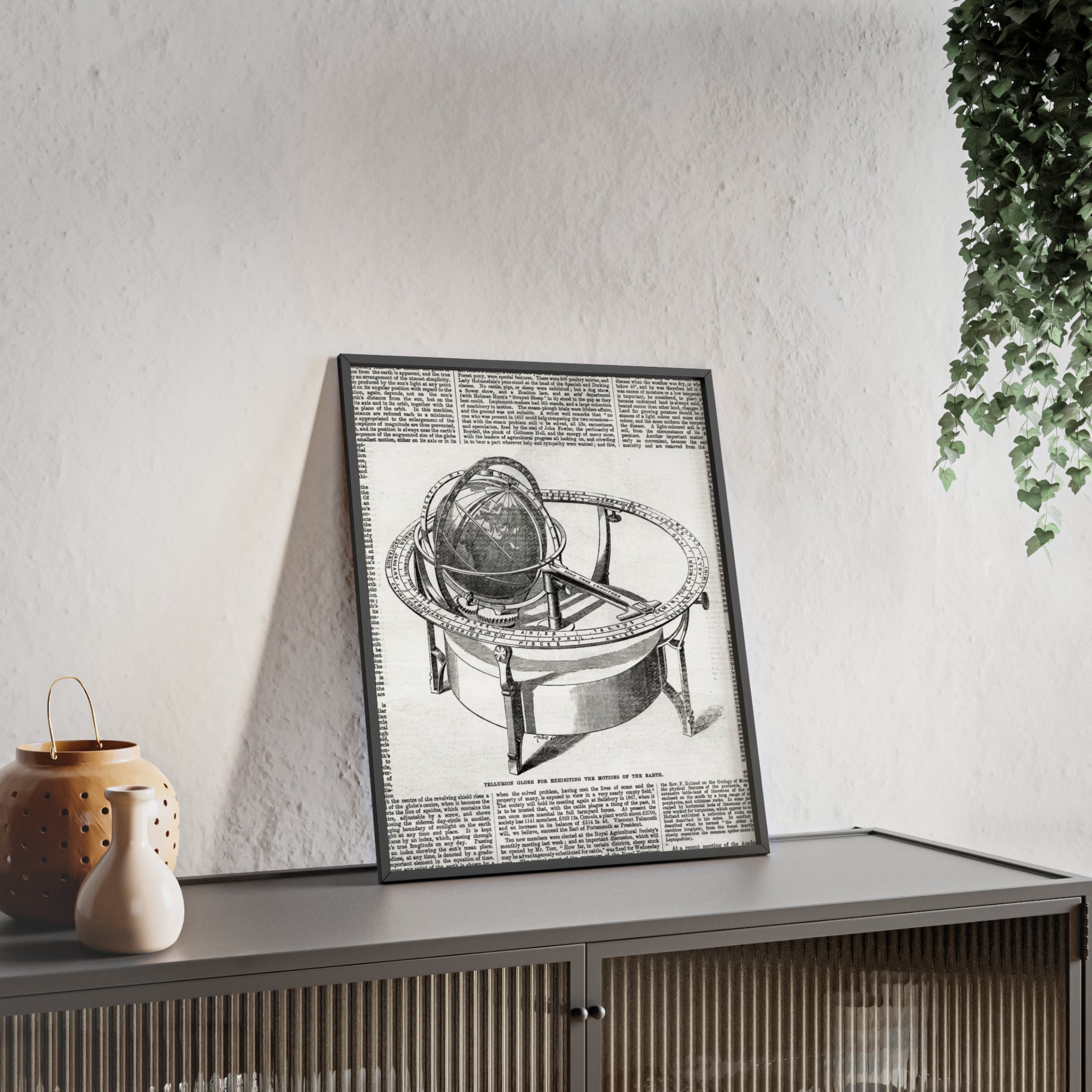 TELLURION GLOBE for Exhibiting the Motions of the Earth. Vintage Celestial Globe Poster with Wooden Frame — Antique Astronomy Wall Art