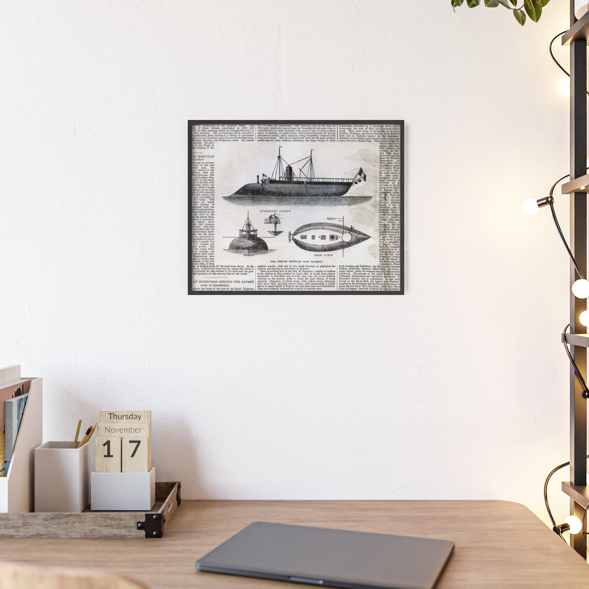 The French Ironclad RAM TAUREAU. Vintage Steamboat Patent Poster — Framed Nautical Wall Art