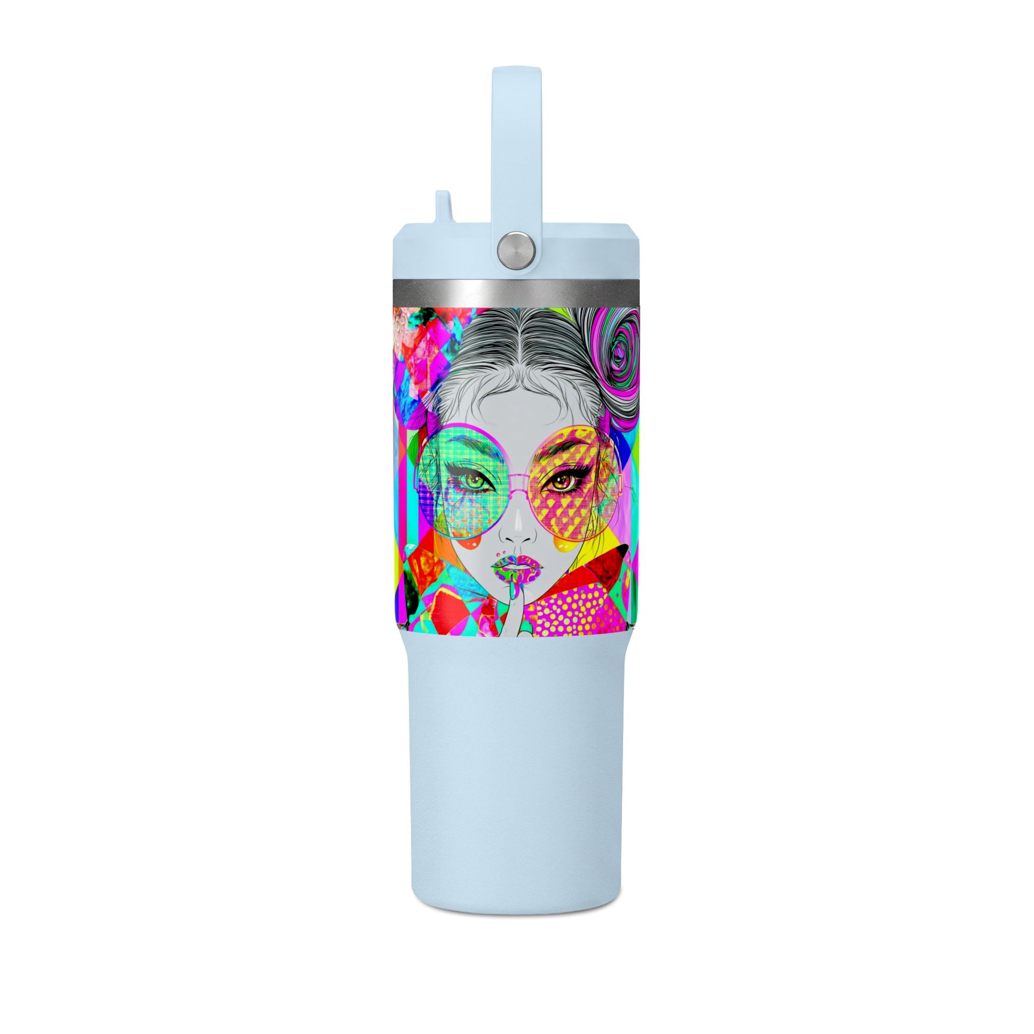 Colorful Pop Art Travel Tumbler – 32oz Nomad Insulated Cup with Retro Sunglasses Design