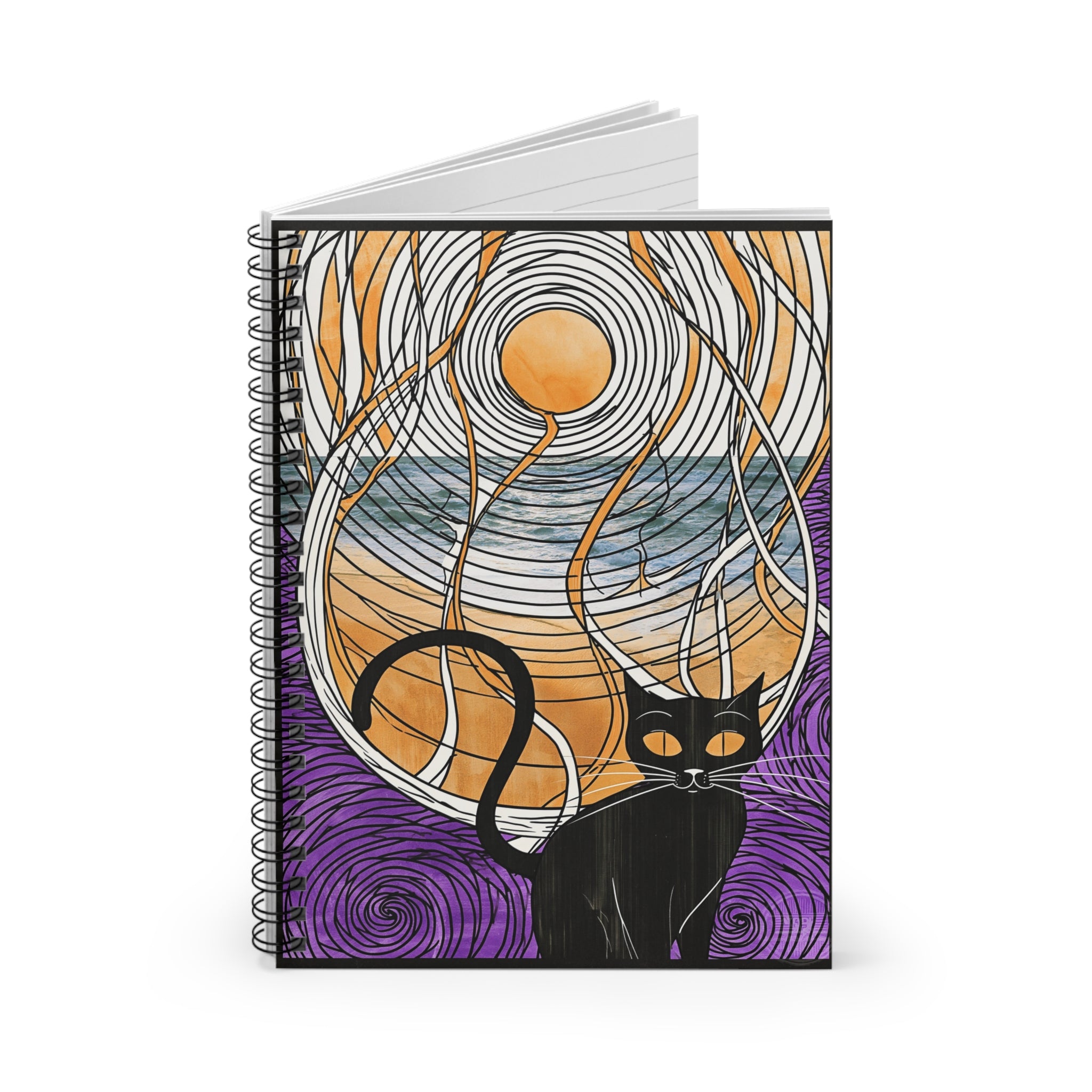 Cat Moon Spiral Notebook — Artistic Black Cat Journal with Swirling Night Sky
