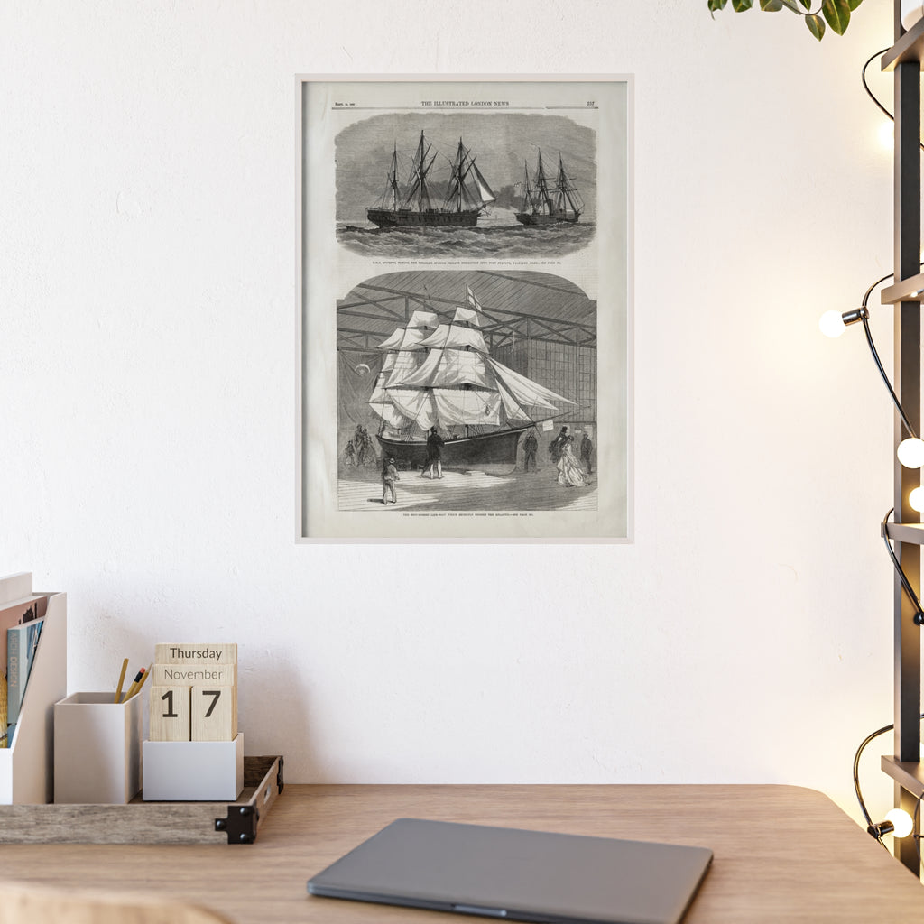 Vintage Nautical Ship Poster with Wooden Frame – Antique Sailing Print Wall Art