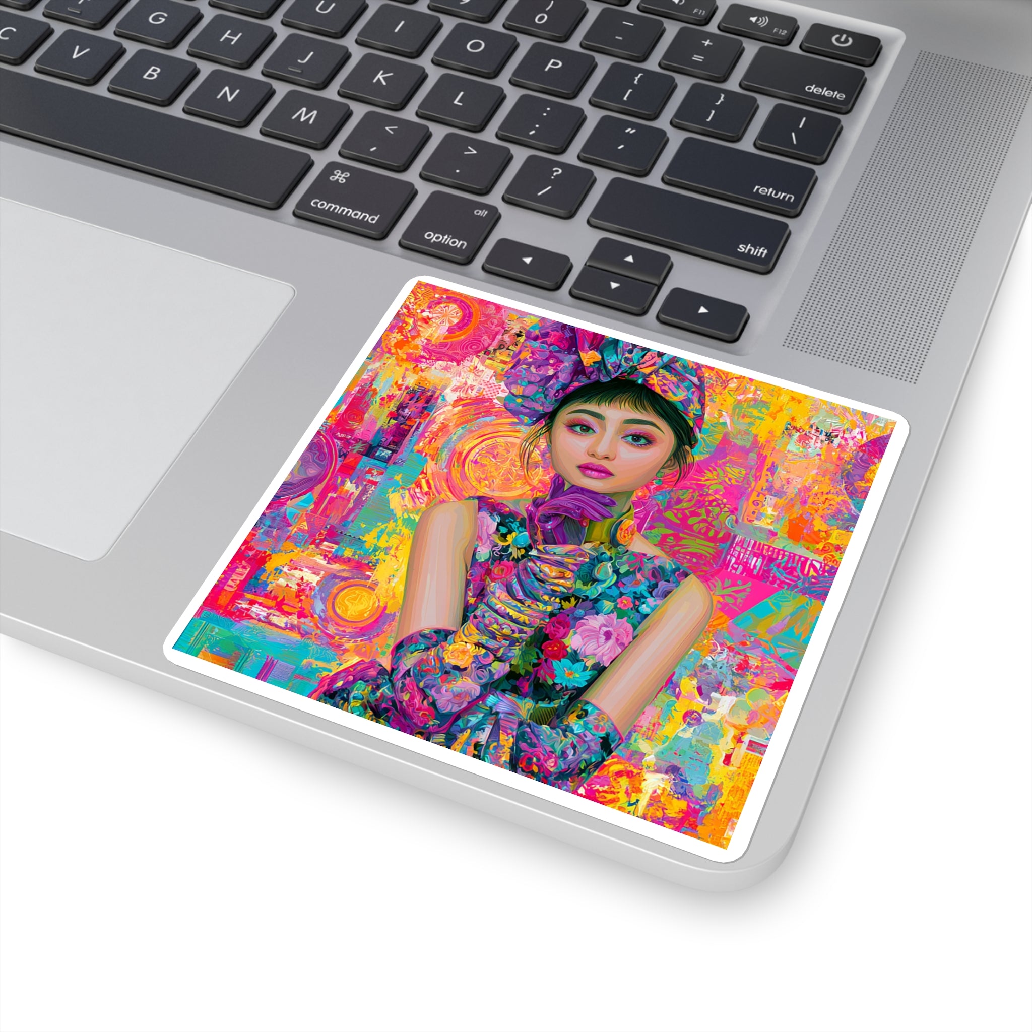 Colorful Floral Portrait Square Sticker — Vibrant Pop-Art Fashion Decal