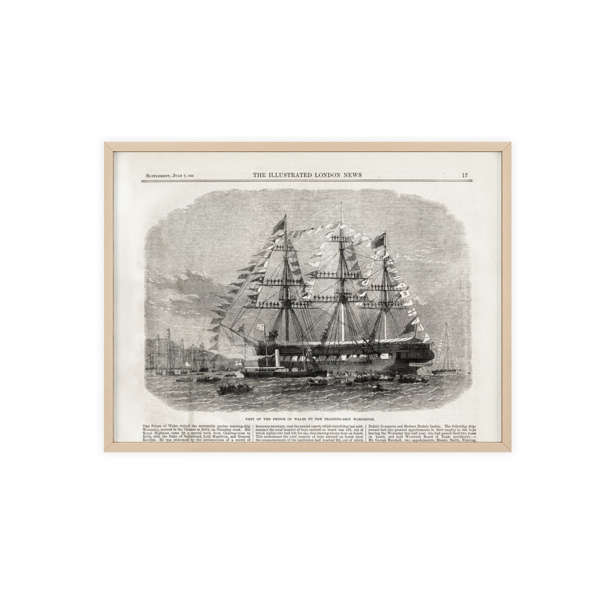 Visit of the Prince of Wales to the Training-Ship Worcester. Framed Vintage Sailing Ship Poster — Nautical Wall Art with Wooden Frame