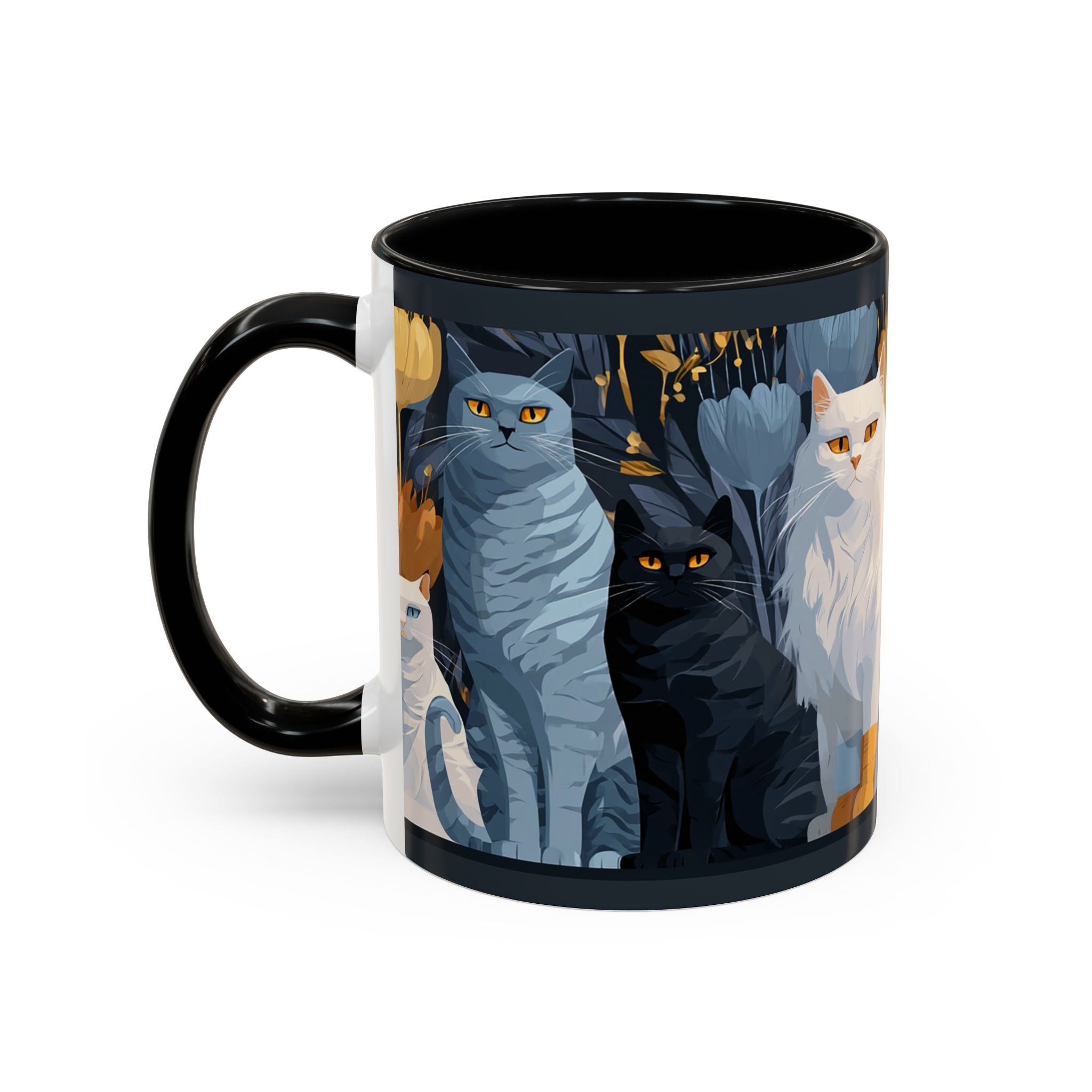 Cat Pattern Accent Coffee Mug — Illustrated Cats Floral Night Design (11/15oz)