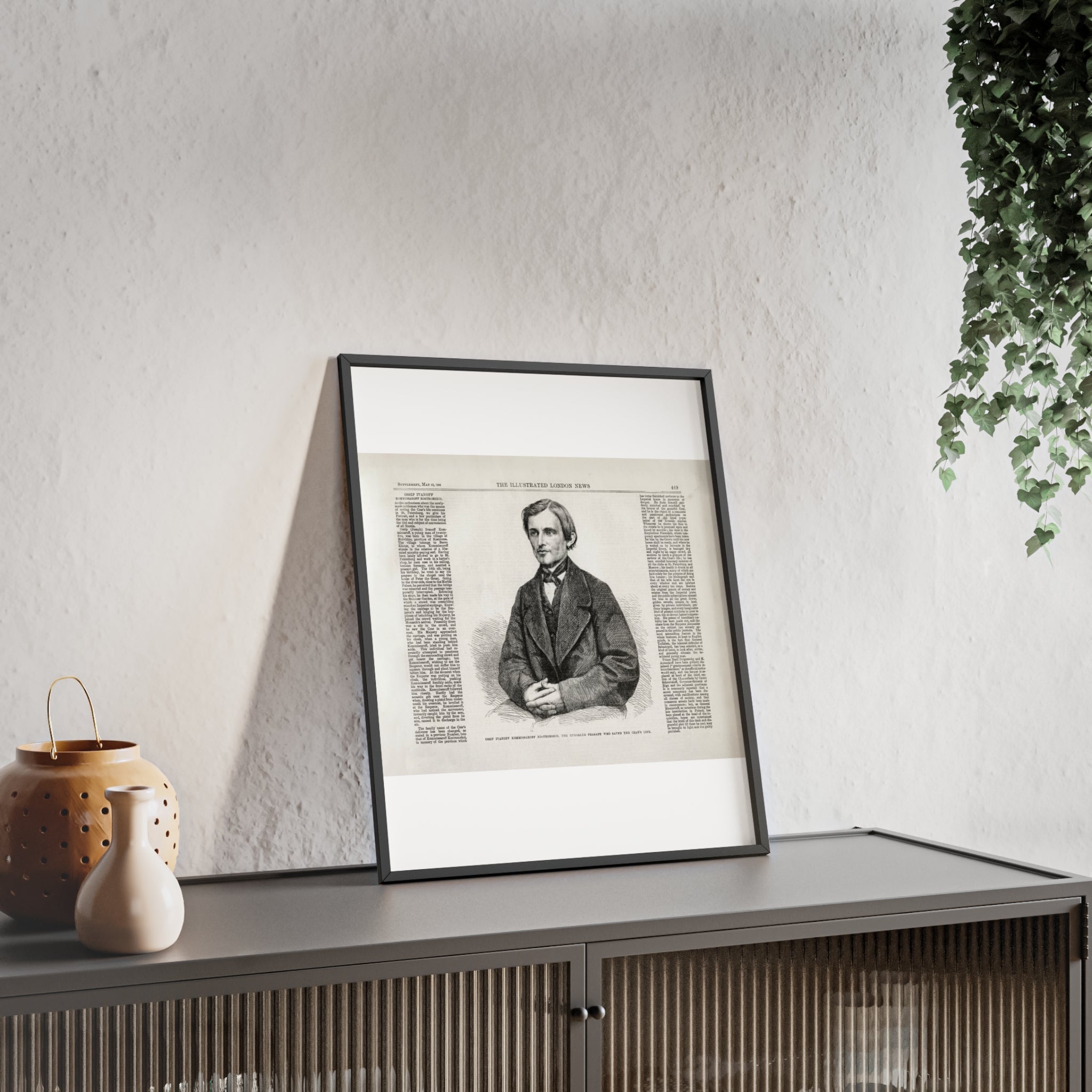 OSSIP IVANOFF, the peasant who saved the CZAR's Life. Vintage Illustrated Portrait Poster with Wooden Frame — Antique Newspaper Art Print