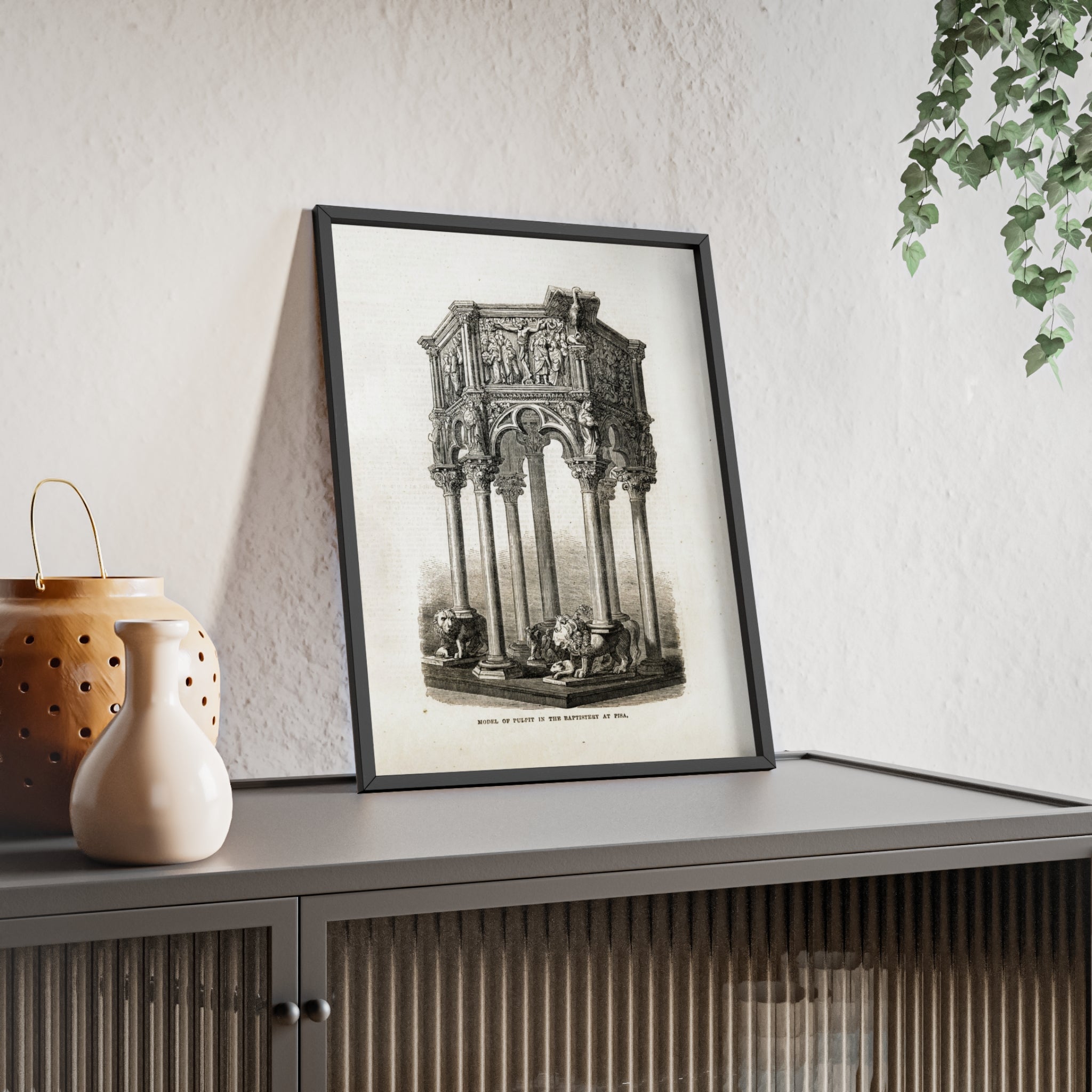 Model of Pulpit in the Baptistery at PISA. Antique Architectural Print Poster — Gothic Baptistery Illustration in Wooden Frame
