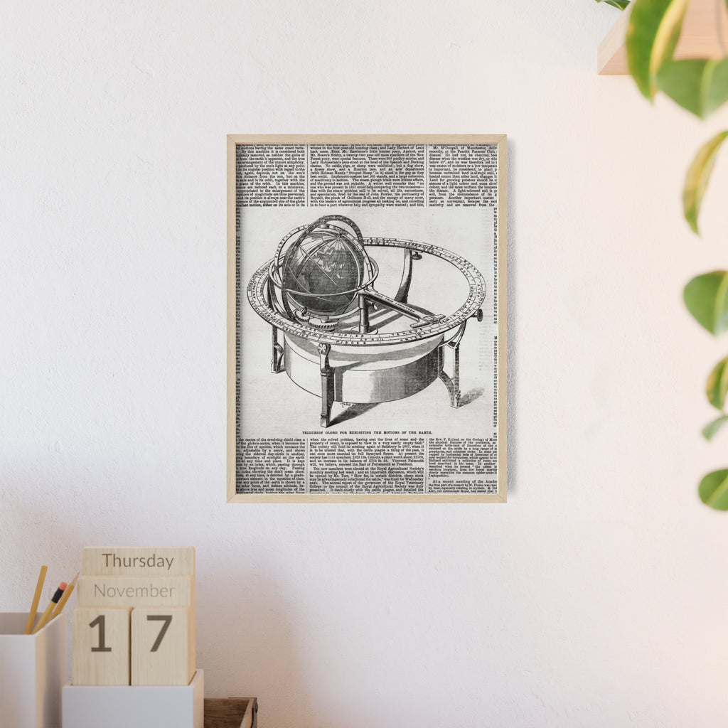 TELLURION GLOBE for Exhibiting the Motions of the Earth. Vintage Celestial Globe Poster with Wooden Frame — Antique Astronomy Wall Art