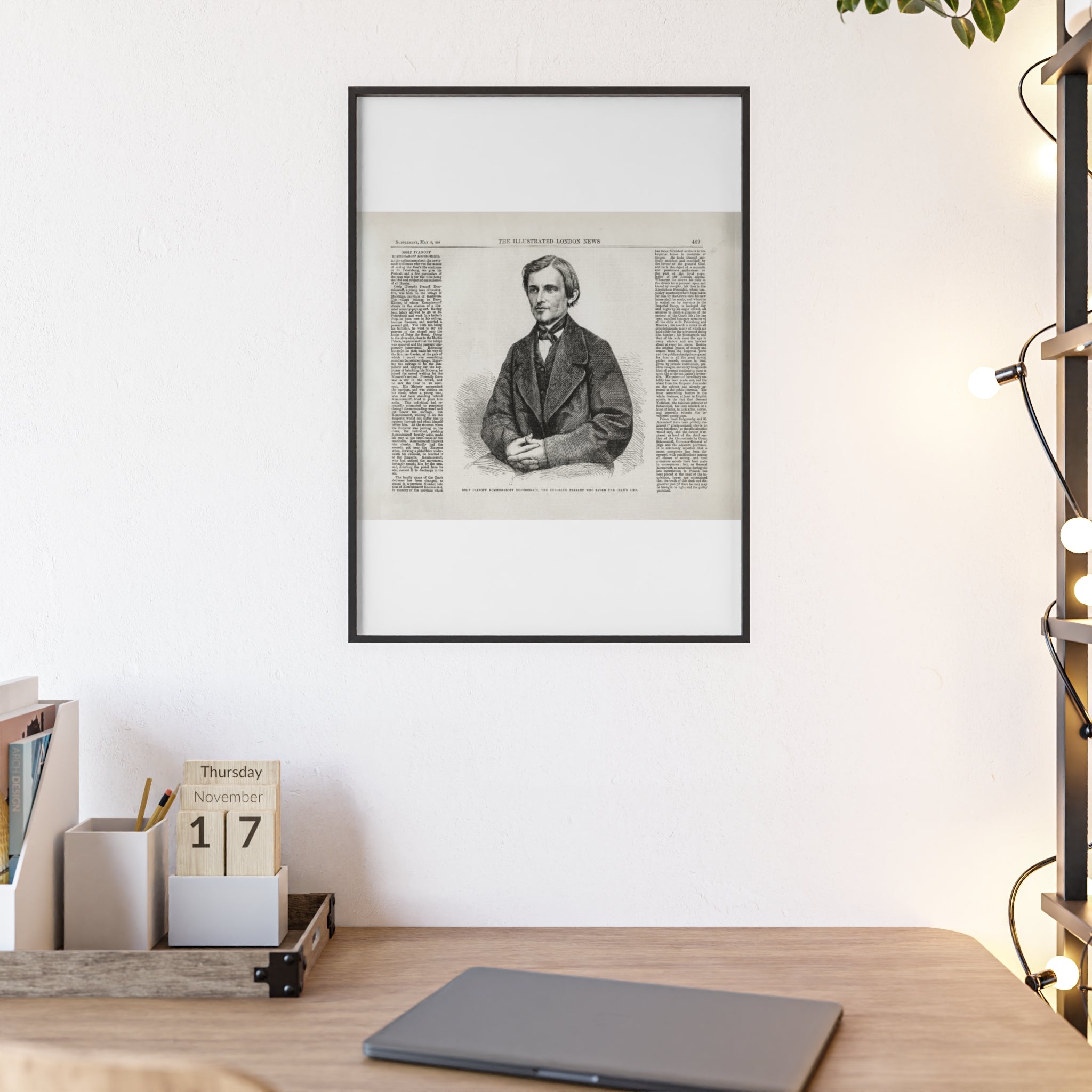 OSSIP IVANOFF, the peasant who saved the CZAR's Life. Vintage Illustrated Portrait Poster with Wooden Frame — Antique Newspaper Art Print