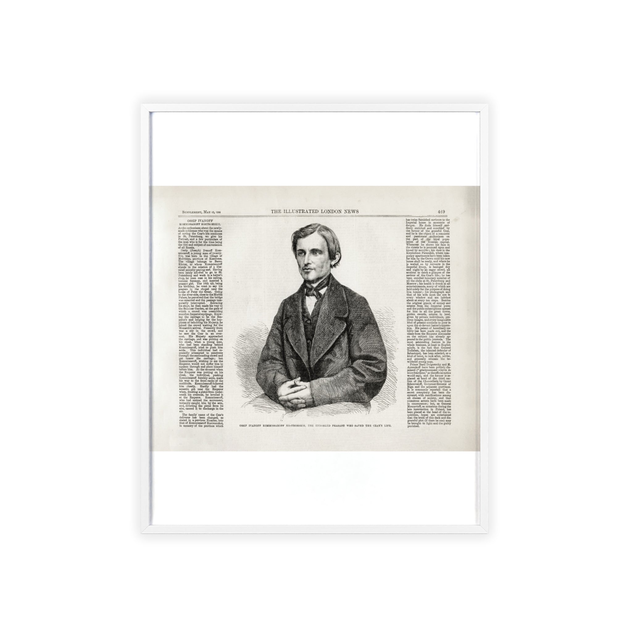 OSSIP IVANOFF, the peasant who saved the CZAR's Life. Vintage Illustrated Portrait Poster with Wooden Frame — Antique Newspaper Art Print