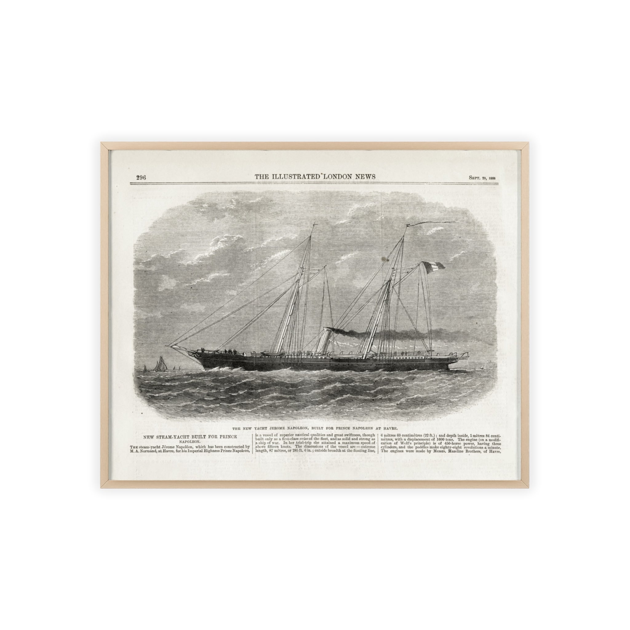 The New Yacht JEROME NAPOLEON, Built for Prince NAPOLEAN at Havre. Framed Vintage Ship Print Poster — Nautical Wall Art with Wooden Frame