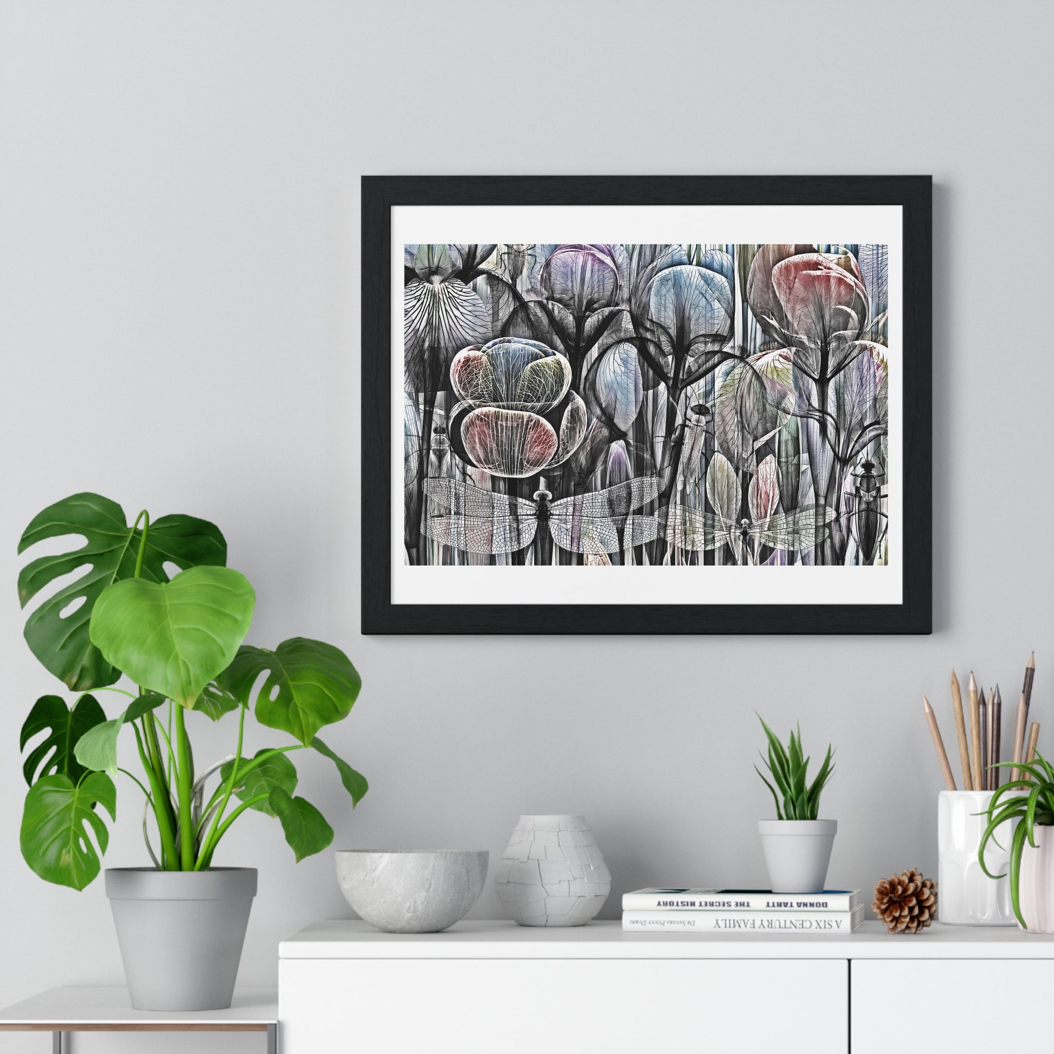 Framed Poster — Dreamy Botanical Dragonfly Art Print