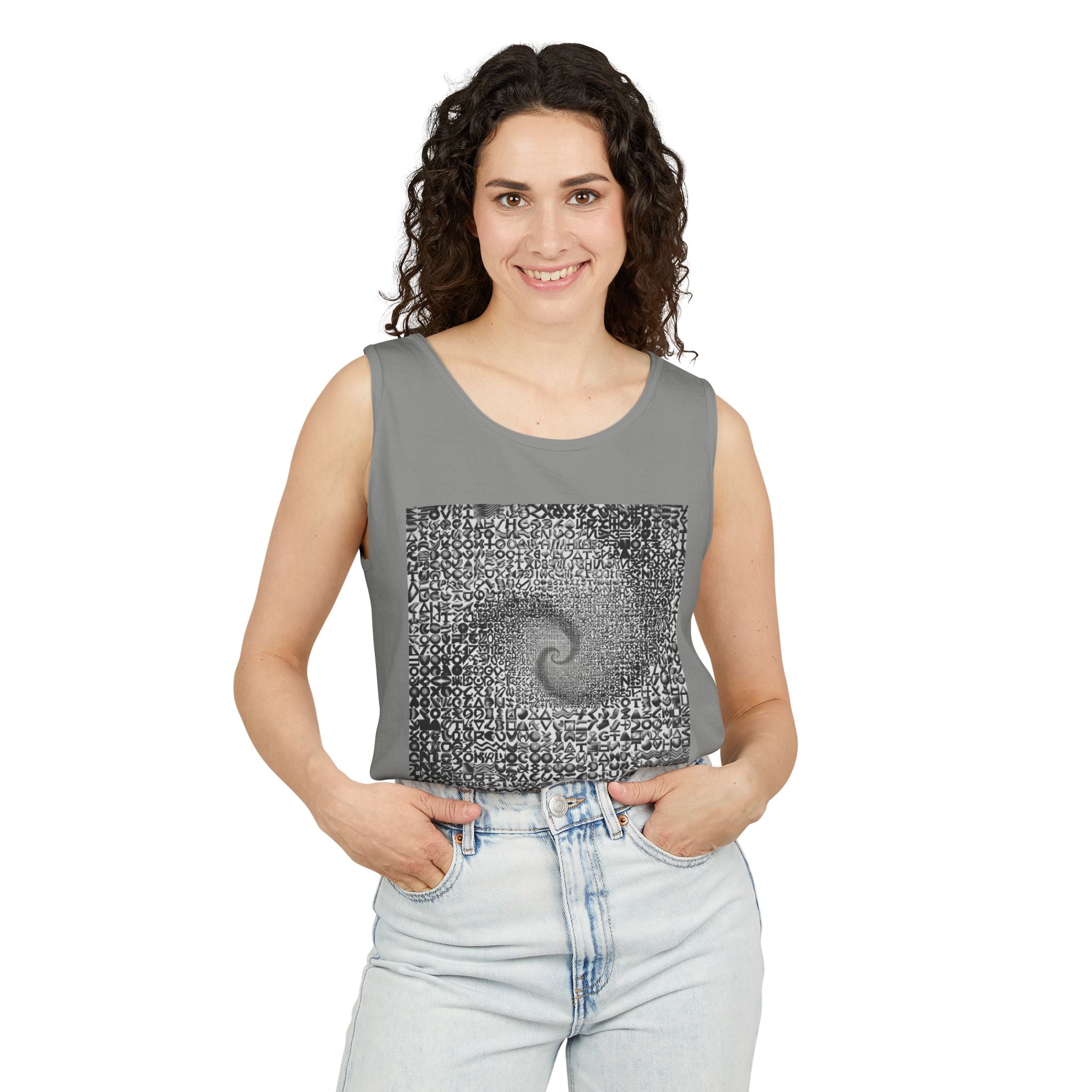 Spiral Text Art Tank Top — Monochrome Optical Typography Tee