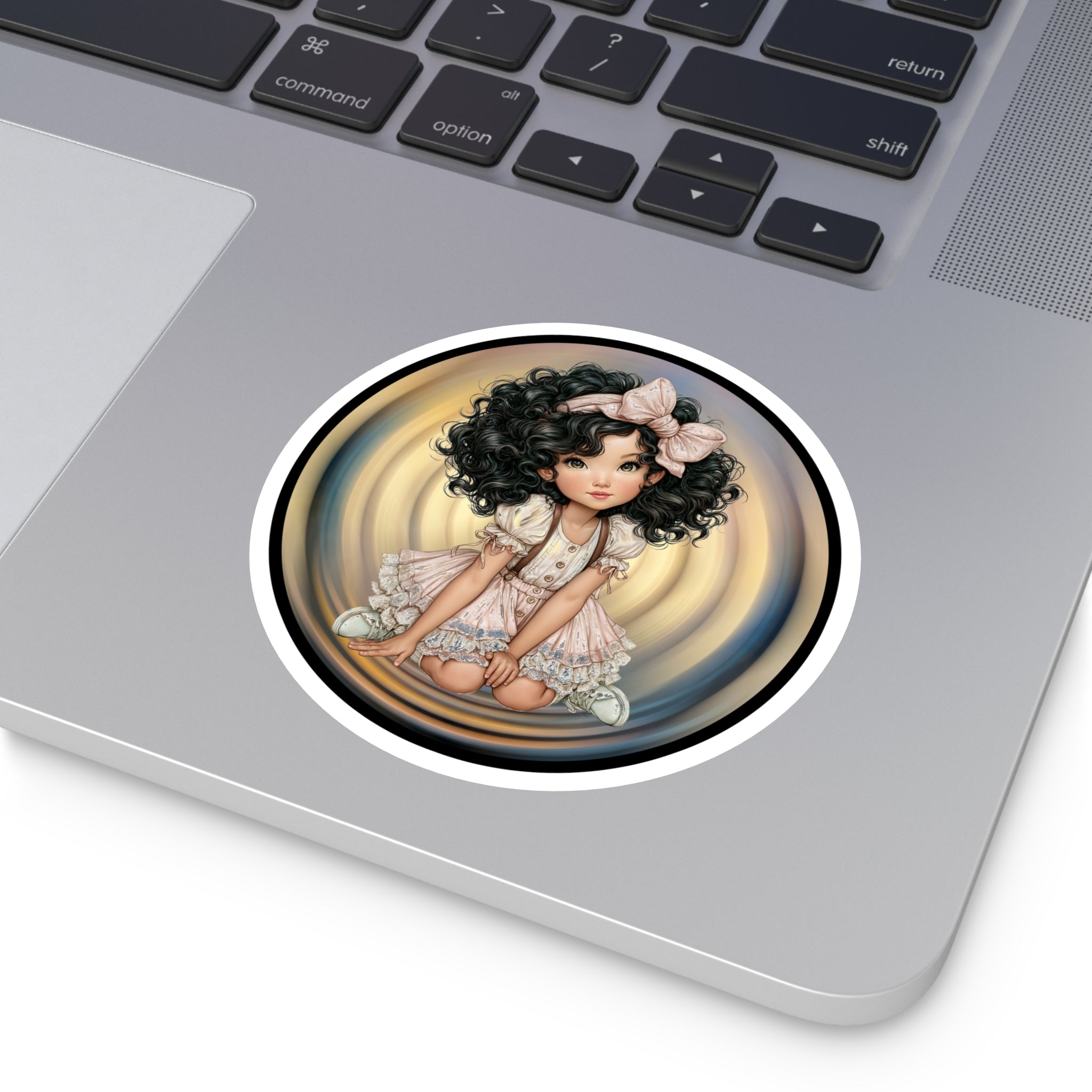 Cute Curly-Haired Doll Round Sticker — Indoor/Outdoor Vinyl Laptop Decal