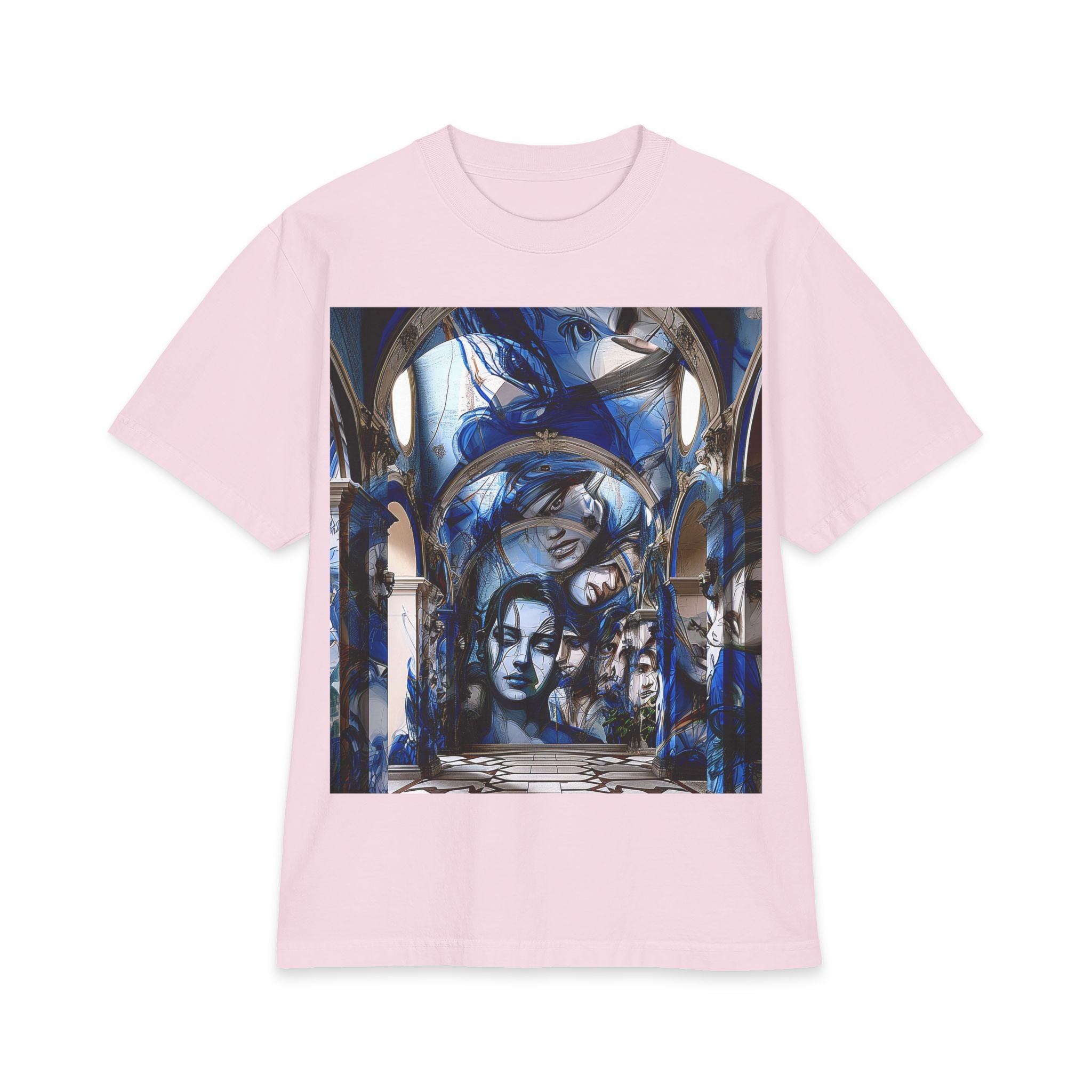 Artistic Portrait Tee — Blue Surreal Faces Graphic T-Shirt
