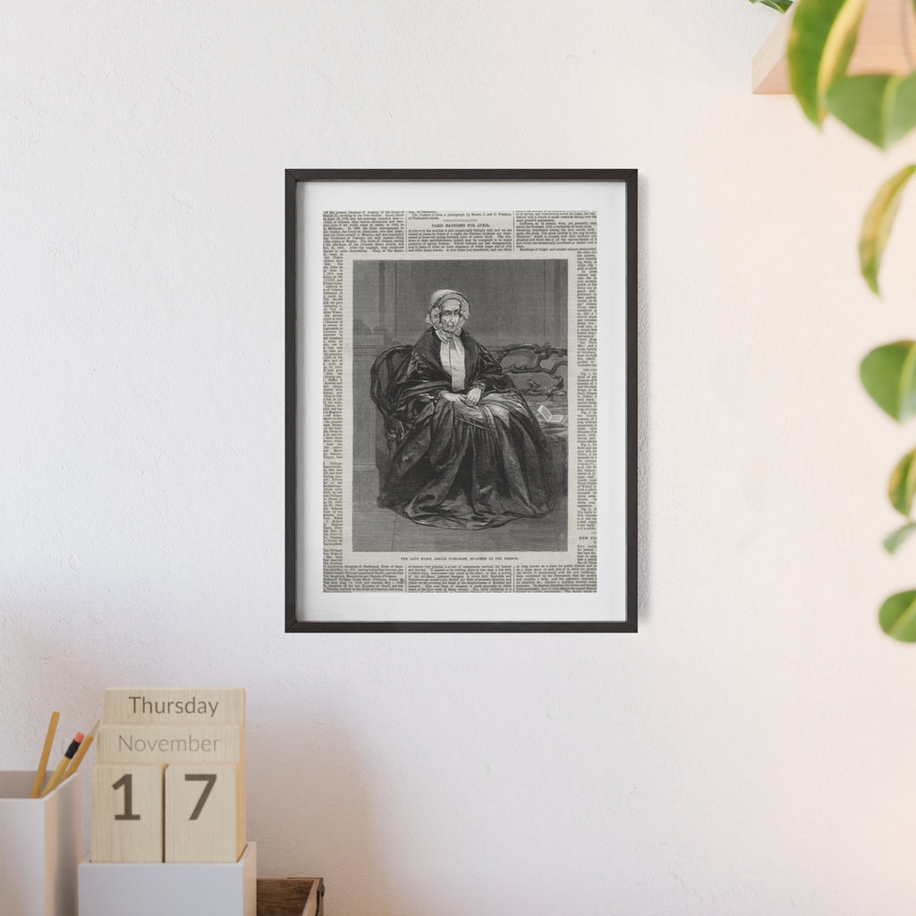 The Late Marie Amelie D'Orleans, Ex-Queen of the French. Vintage Portrait Newspaper Art Poster with Black Wooden Frame