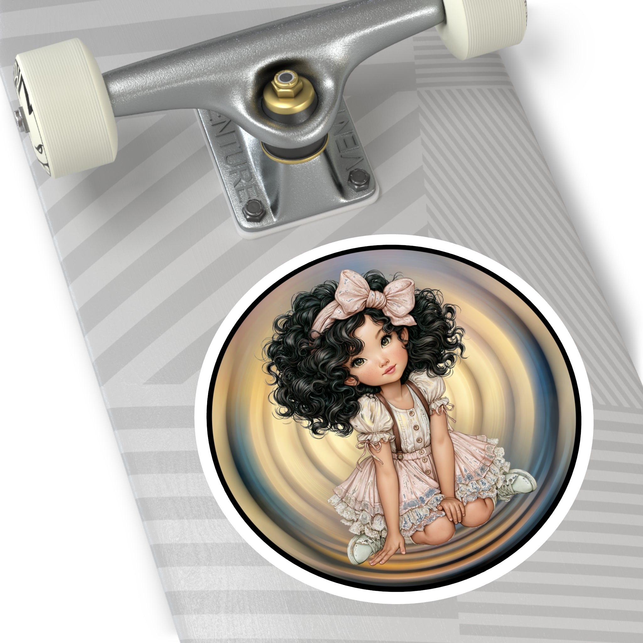 Cute Curly-Haired Doll Round Sticker — Indoor/Outdoor Vinyl Laptop Decal