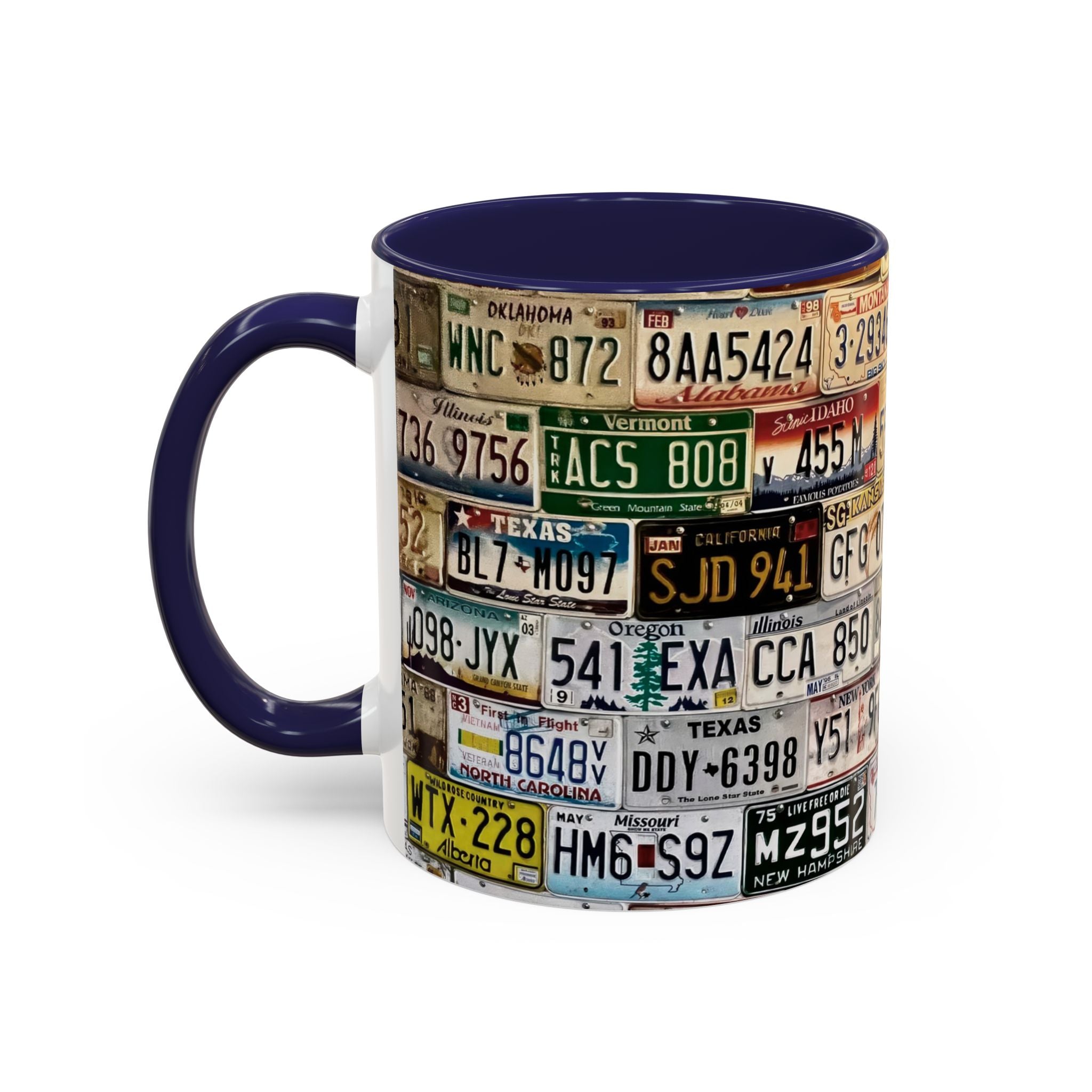 License Plate Collage Coffee Mug — Route 66, Vintage Road Trip Accent Mug