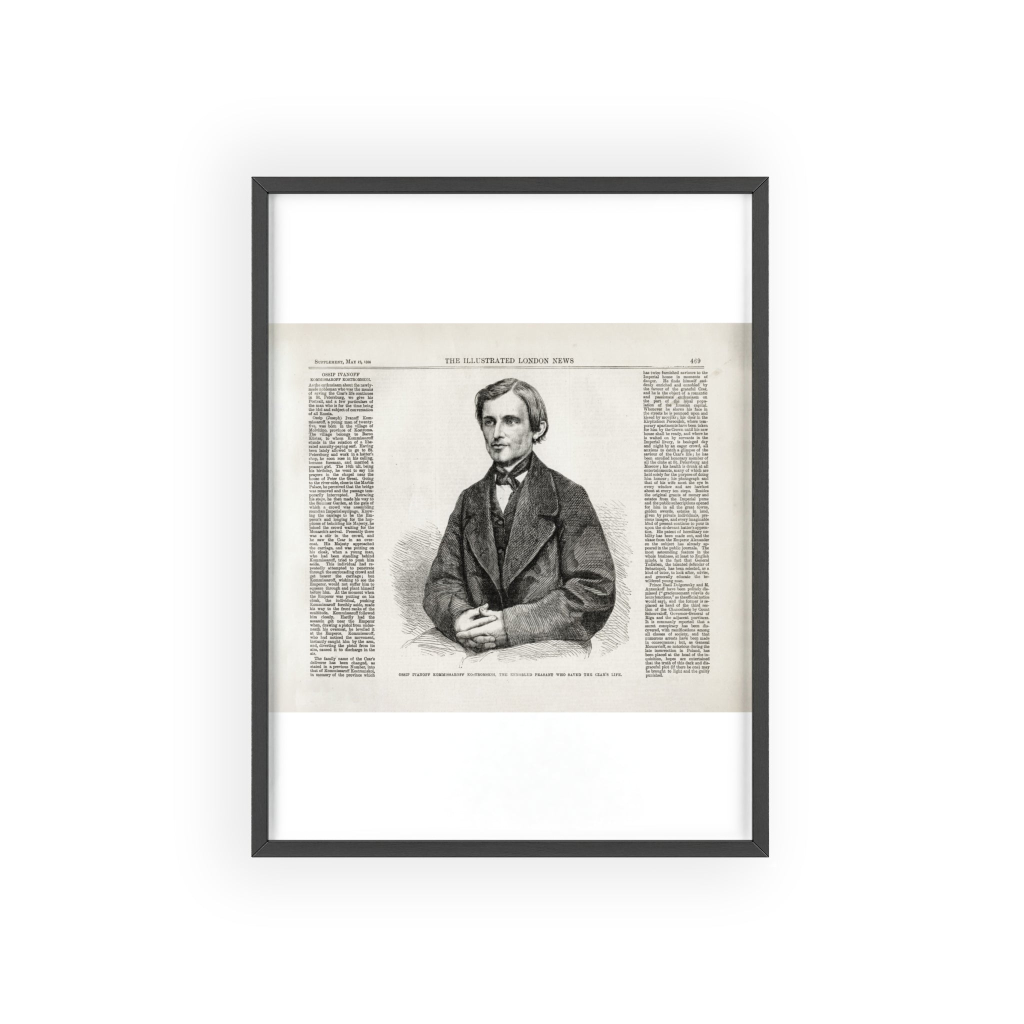OSSIP IVANOFF, the peasant who saved the CZAR's Life. Vintage Illustrated Portrait Poster with Wooden Frame — Antique Newspaper Art Print