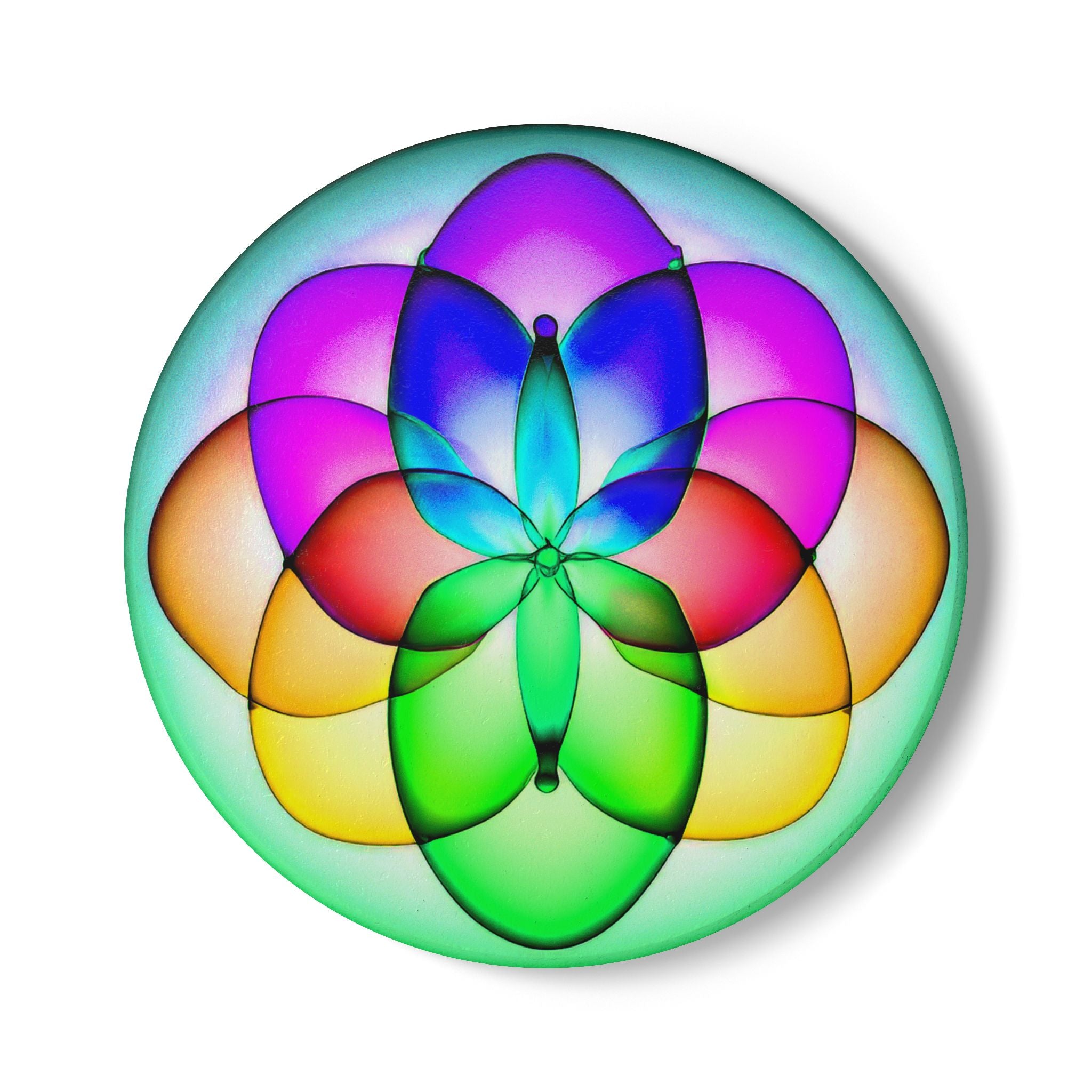 Rainbow Geometric Flower Ceramic Coaster – Colorful Mandala Drink Protector