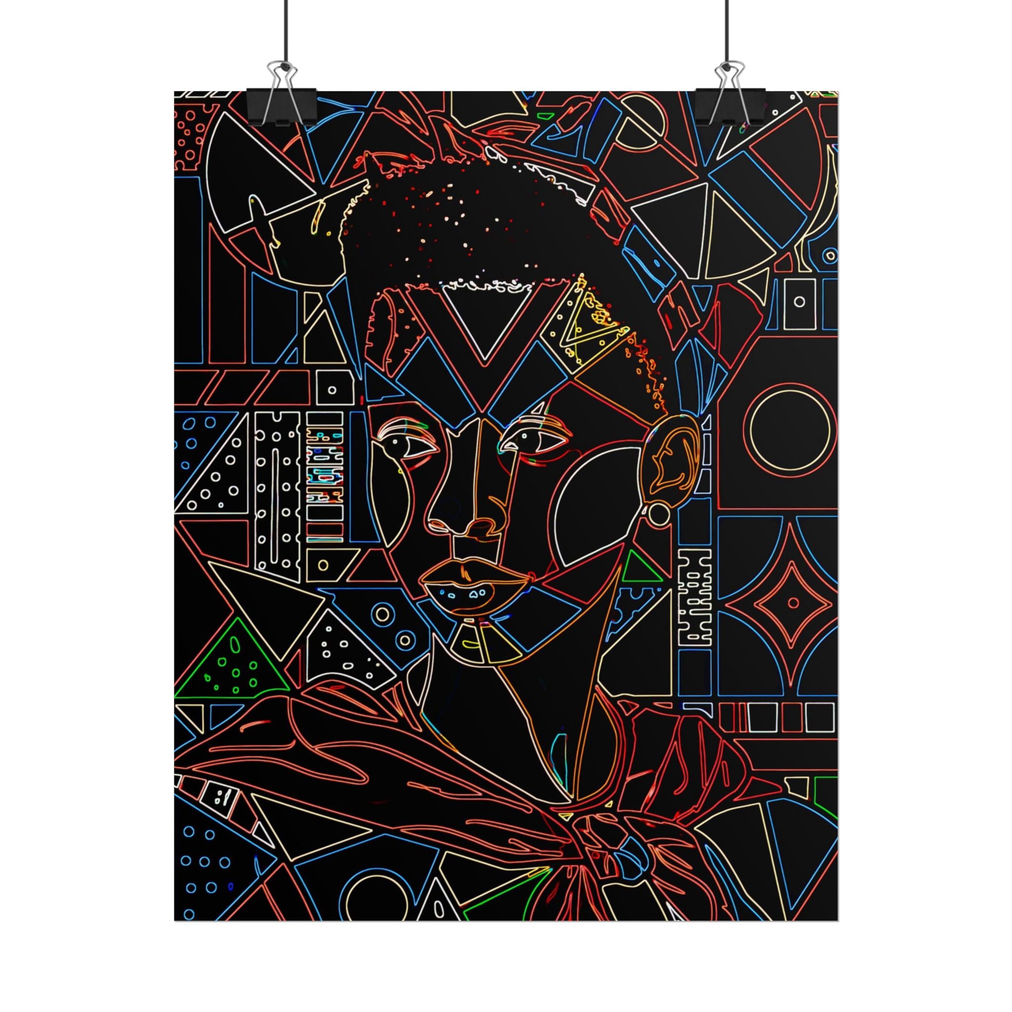 Neon Line Art Portrait Poster — Afro Futurism Geometric Wall Art (Rolled)