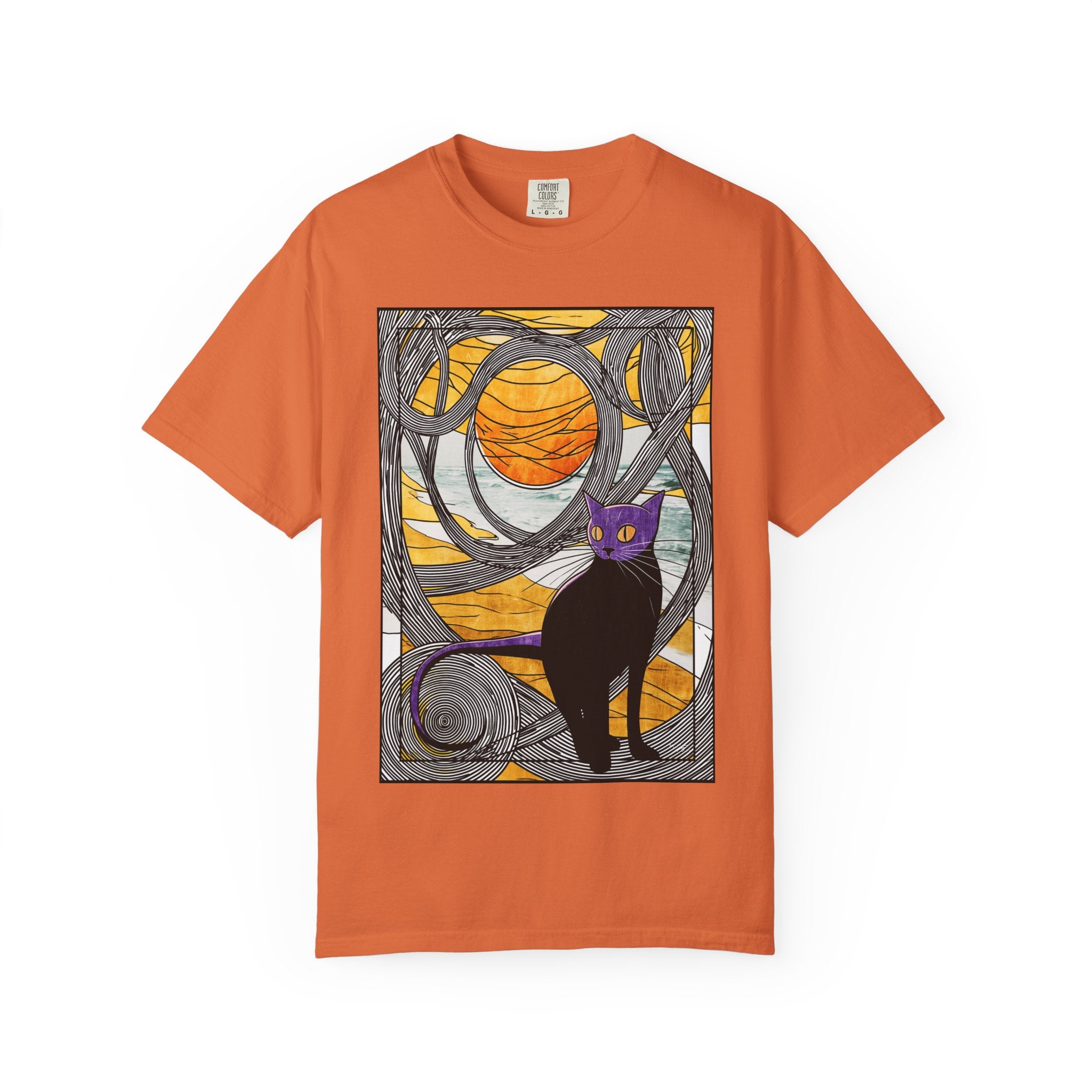 Cat Moon T-Shirt — Black Cat with Purple Mask & Sunset Stained-Glass Design