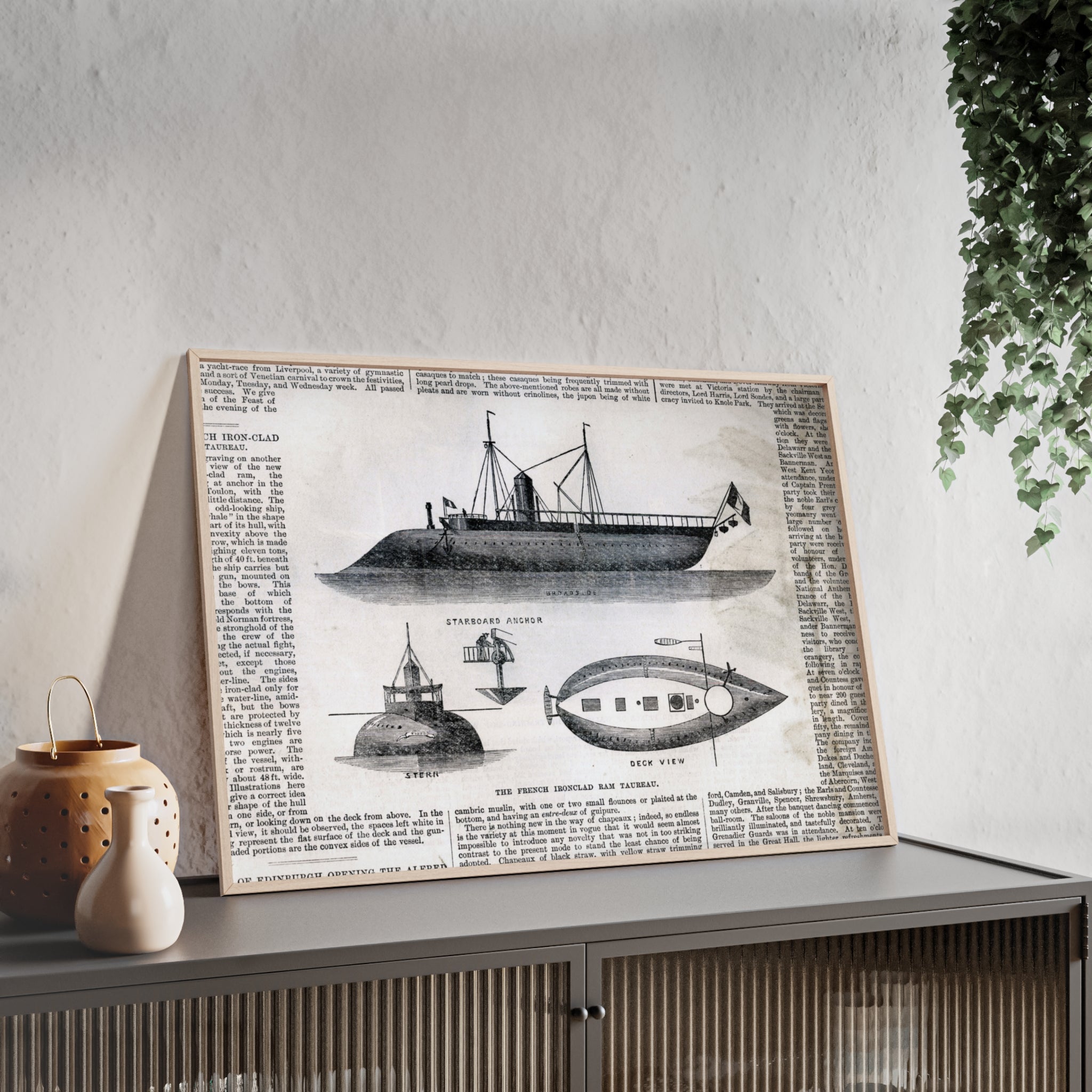 The French Ironclad RAM TAUREAU. Vintage Steamboat Patent Poster — Framed Nautical Wall Art