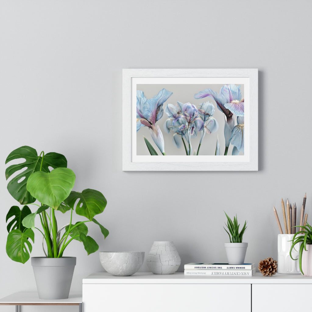 Botanical Iris Framed Poster — Soft Blue Floral Wall Art (Horizontal)