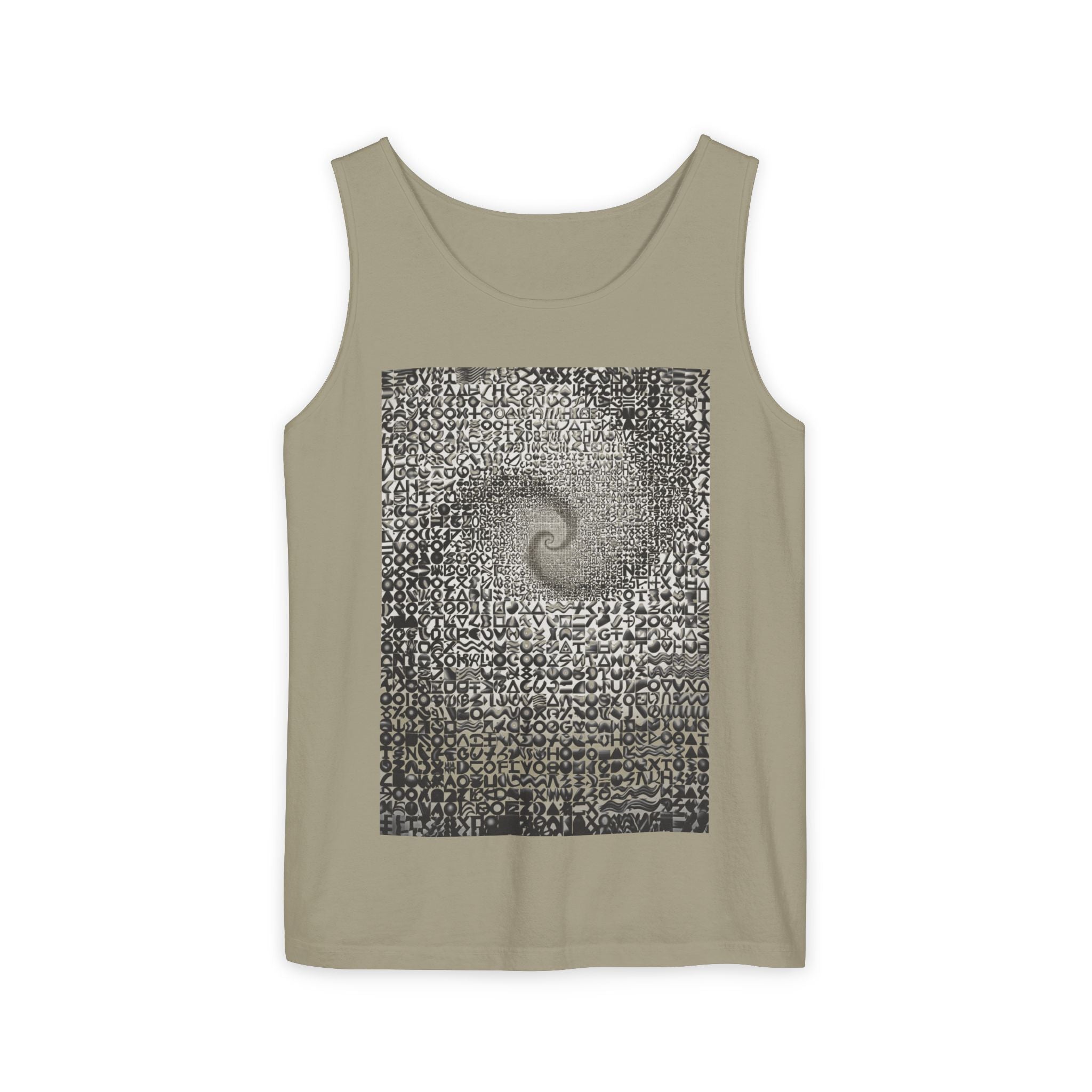 Spiral Text Art Tank Top — Monochrome Optical Typography Tee