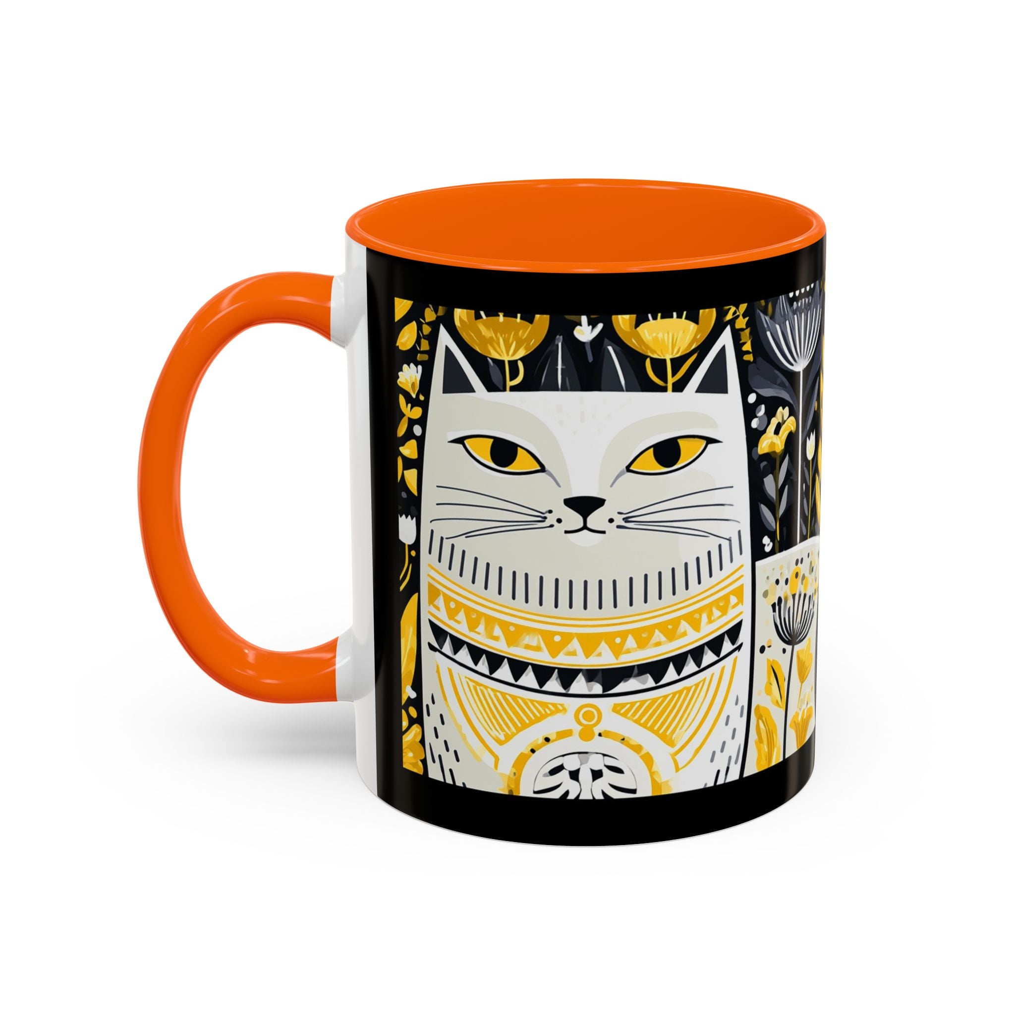 Black & Gold Cat Floral Coffee Mug — Whimsical Botanical Cat Accent Mug (11/15oz)