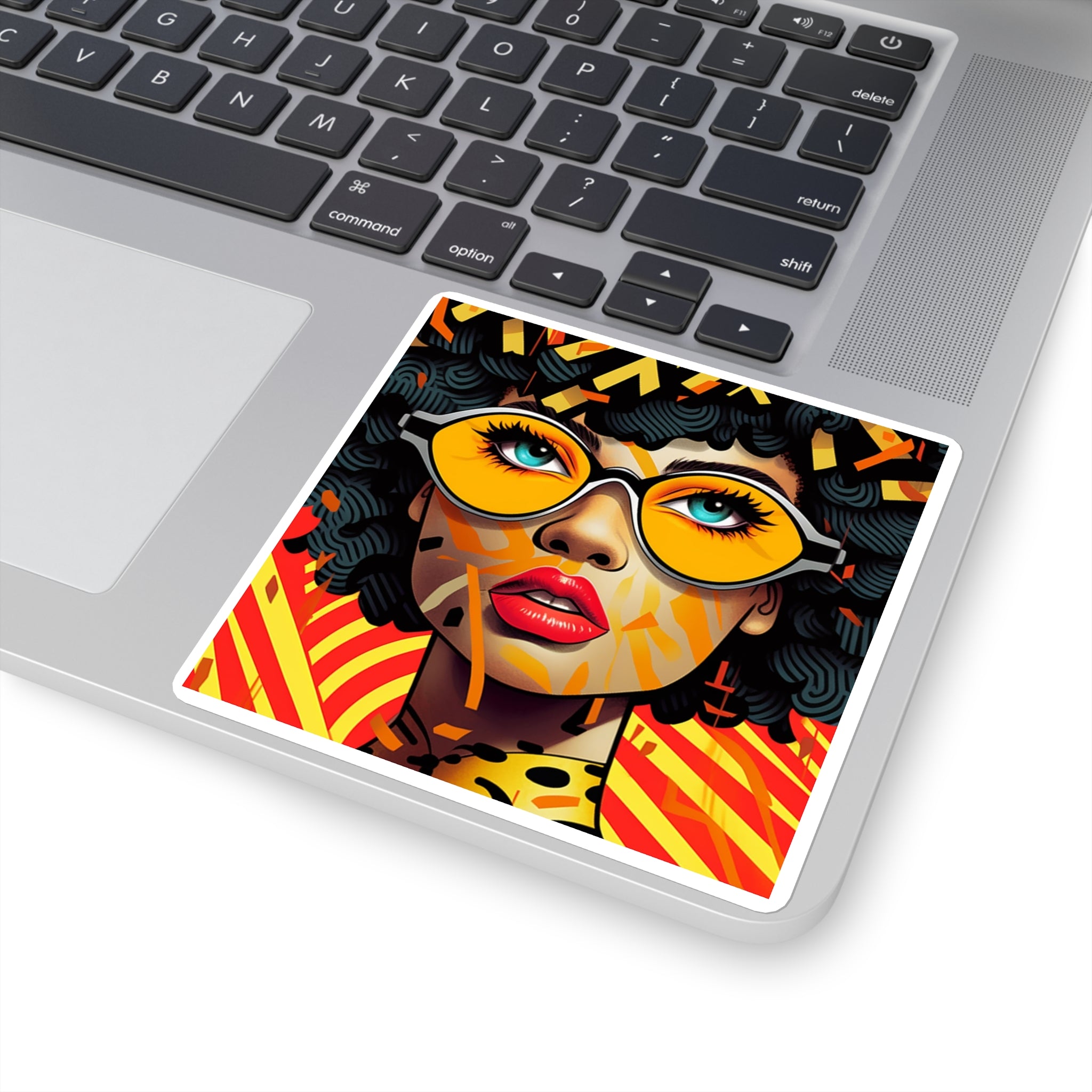 Afro Pop Art Square Sticker — Retro Sunglasses Woman, Bold Colorful Laptop Decal