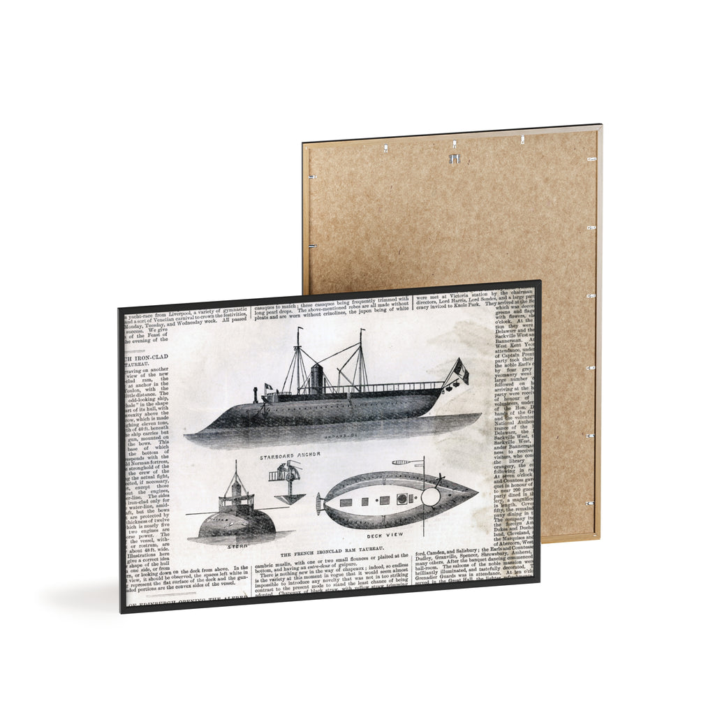 The French Ironclad RAM TAUREAU. Vintage Steamboat Patent Poster — Framed Nautical Wall Art
