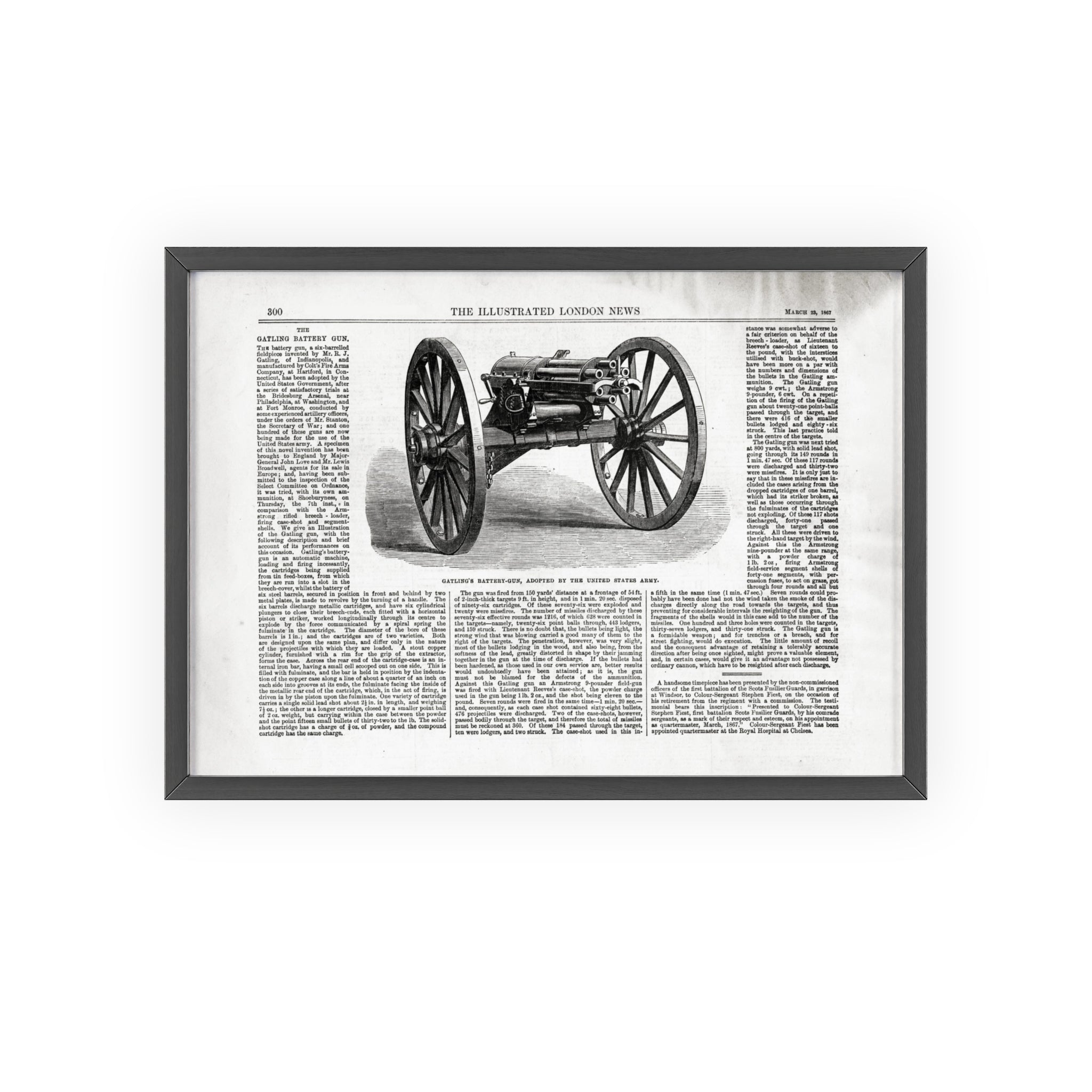 GATLING'S Battery-Gun, adopted by the United States Army. Vintage Cannon Patent Poster with Wooden Frame – Antique Engineering Print