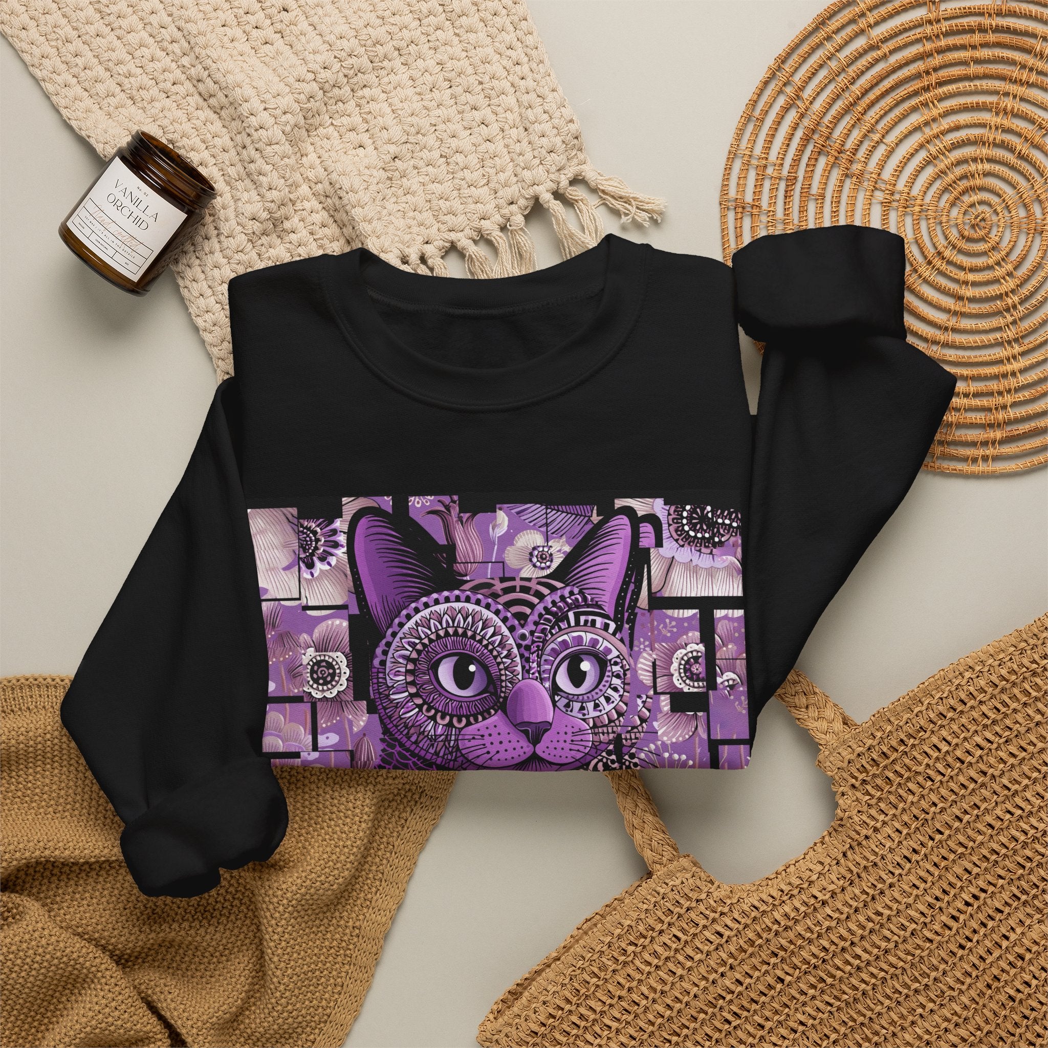 Purple Floral Owl Crewneck Sweatshirt — Whimsical Boho Animal Graphic