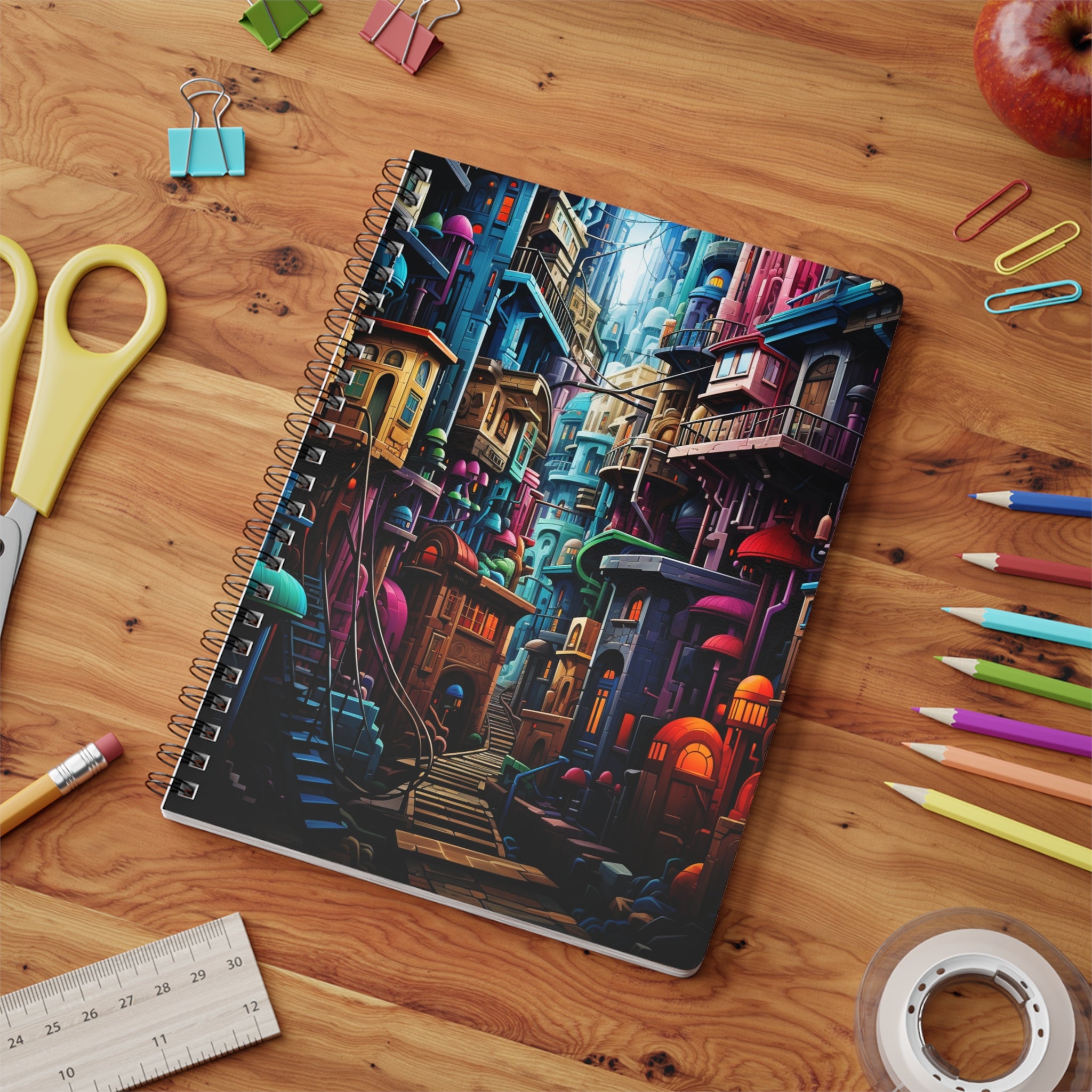 A5 Wirobound Notebook — Colorful Fantasy City Illustration, Lined Journal for Writers & Students