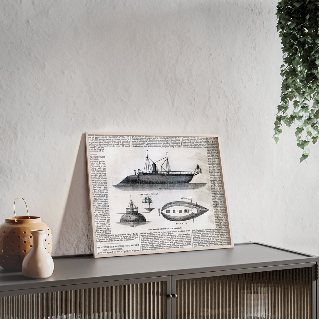 The French Ironclad RAM TAUREAU. Vintage Steamboat Patent Poster — Framed Nautical Wall Art