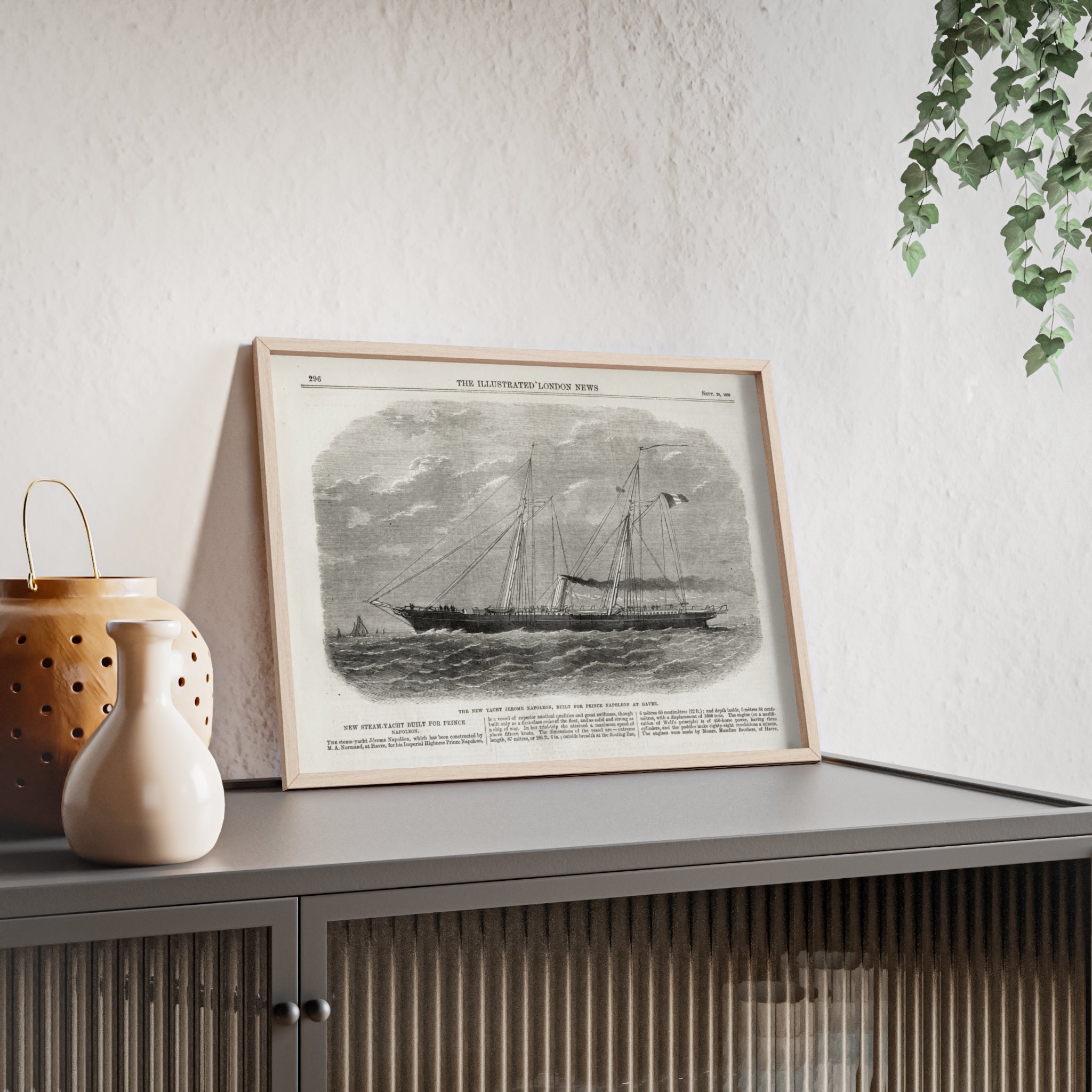 The New Yacht JEROME NAPOLEON, Built for Prince NAPOLEAN at Havre. Framed Vintage Ship Print Poster — Nautical Wall Art with Wooden Frame