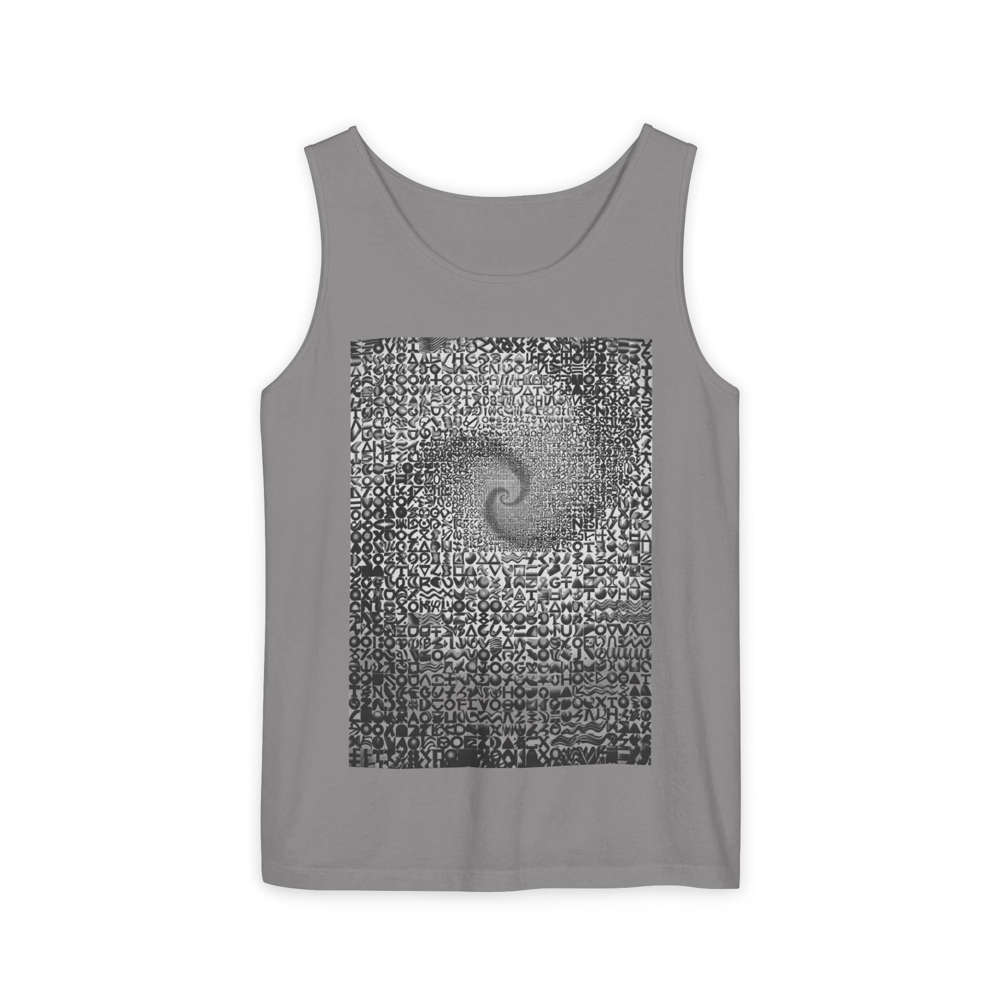 Spiral Text Art Tank Top — Monochrome Optical Typography Tee