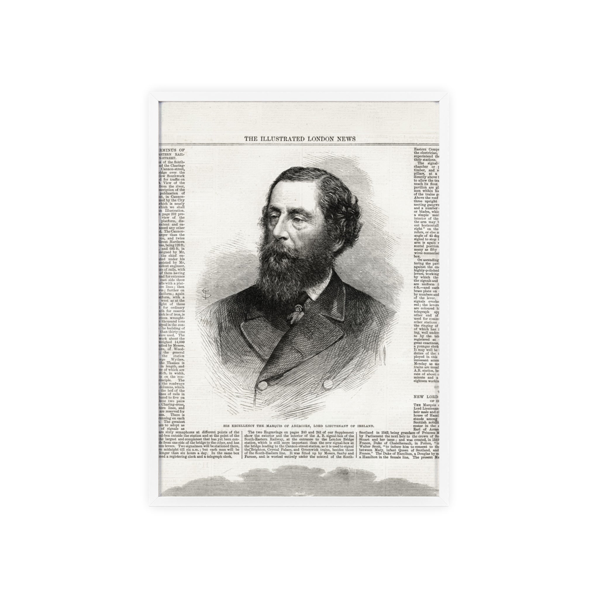 His Excellency the Marquis of Abercorn, Lord Lieutenant of Ireland. Vintage Illustrated Portrait Poster with Wooden Frame — Antique Newspaper Print