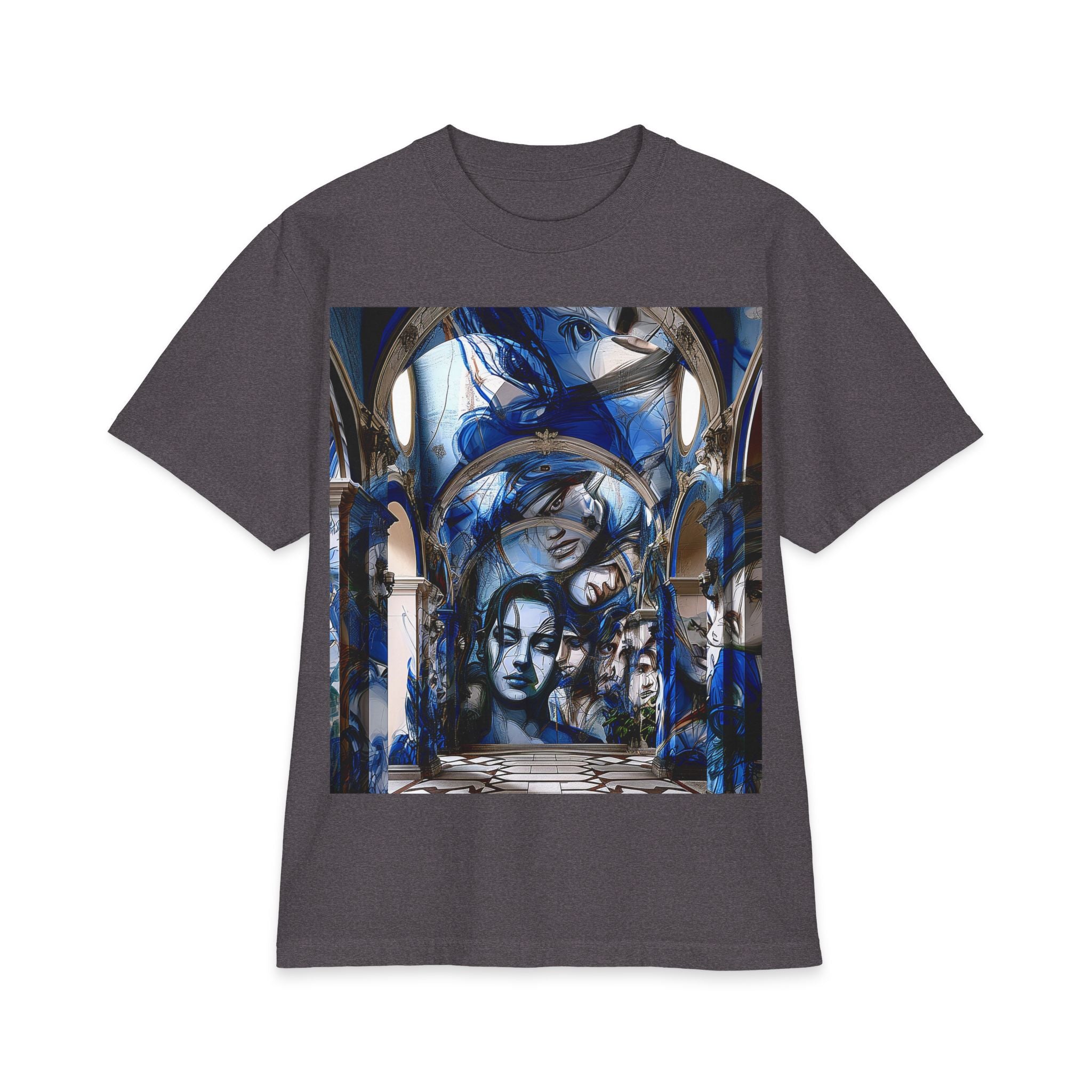 Artistic Portrait Tee — Blue Surreal Faces Graphic T-Shirt