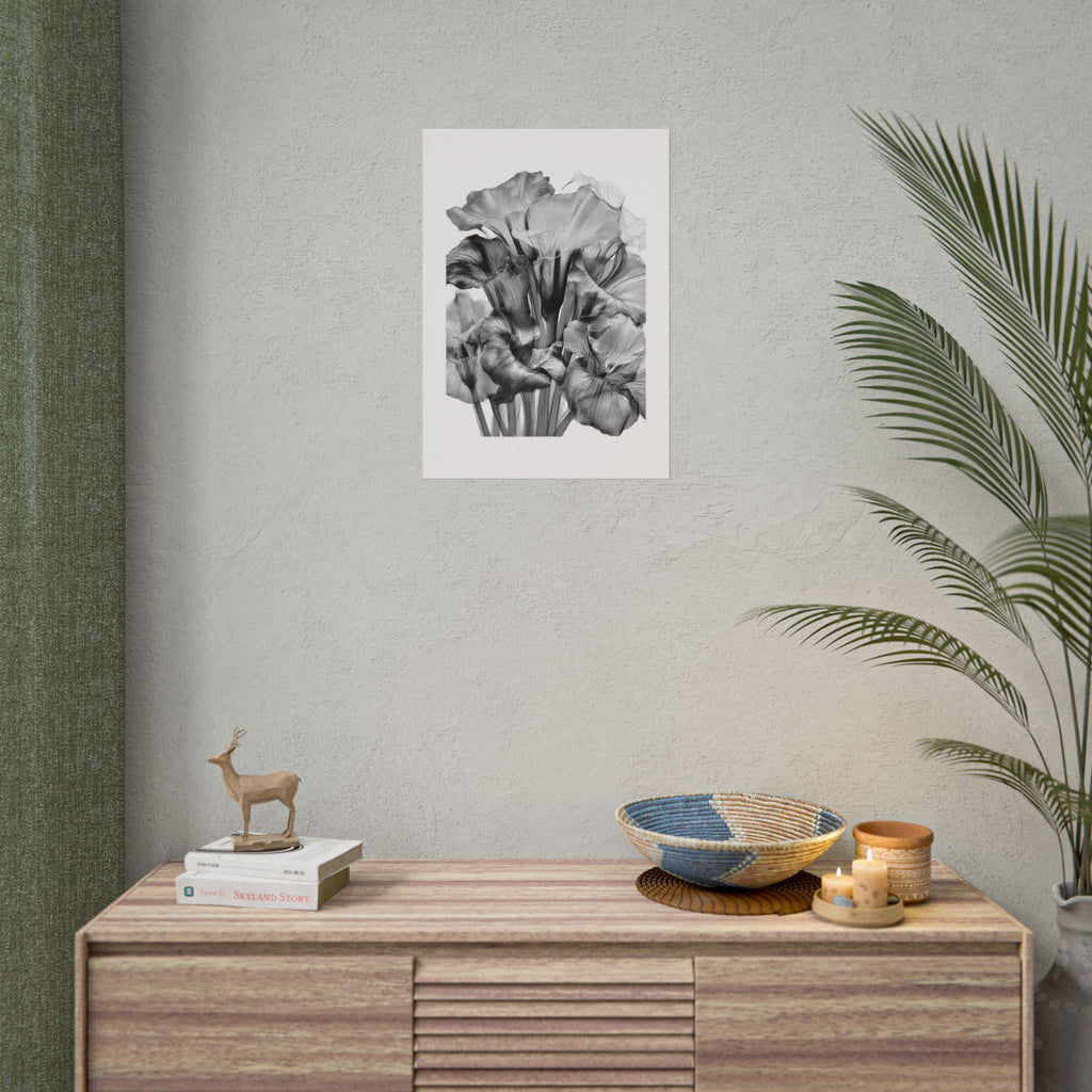 Black & White Iris Botanical Poster — Monochrome Floral Wall Art (Rolled Poster)
