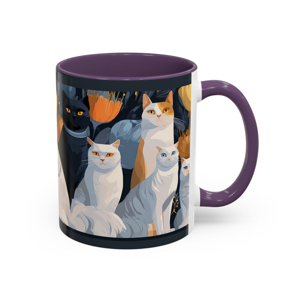 Cat Pattern Accent Coffee Mug — Illustrated Cats Floral Night Design (11/15oz)