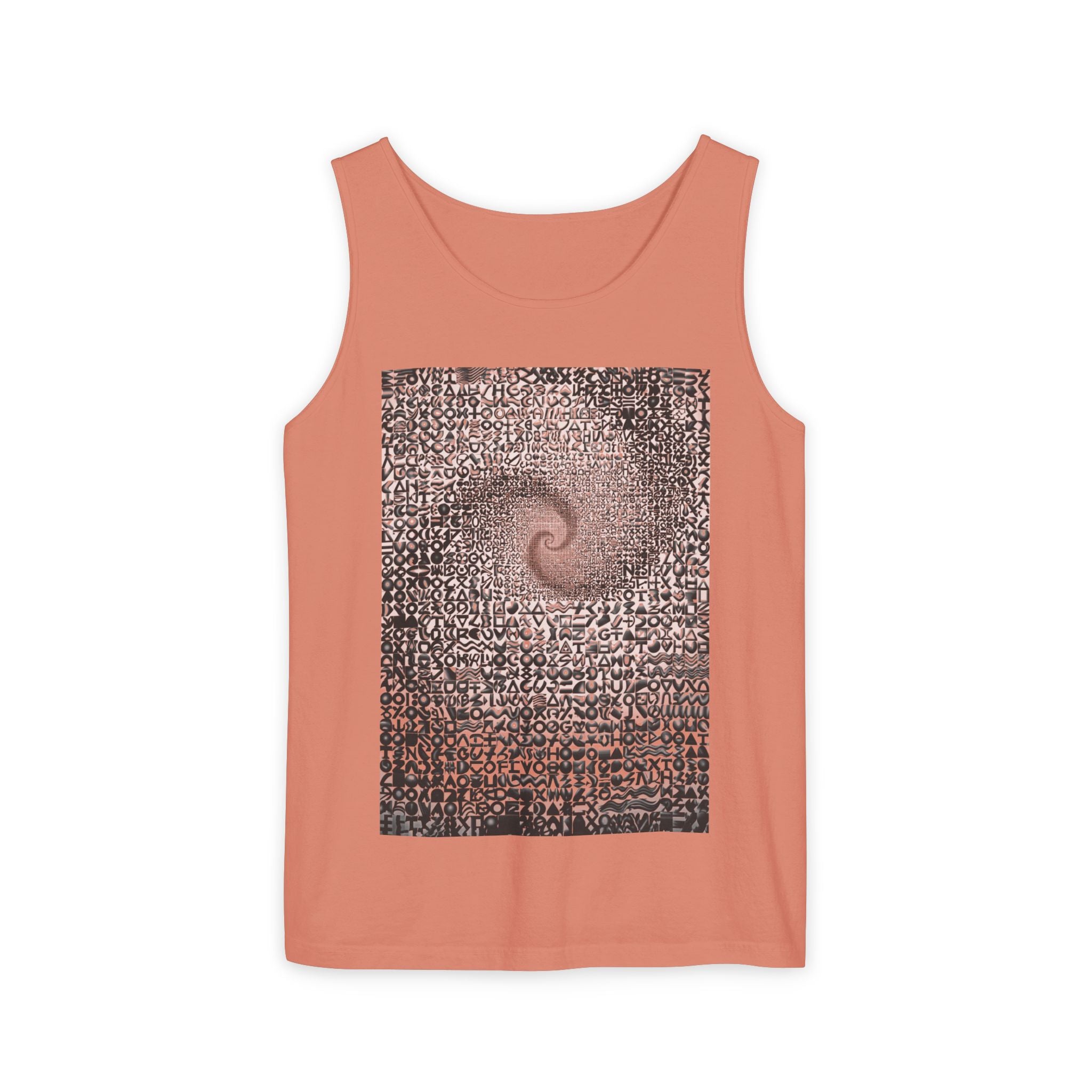 Spiral Text Art Tank Top — Monochrome Optical Typography Tee