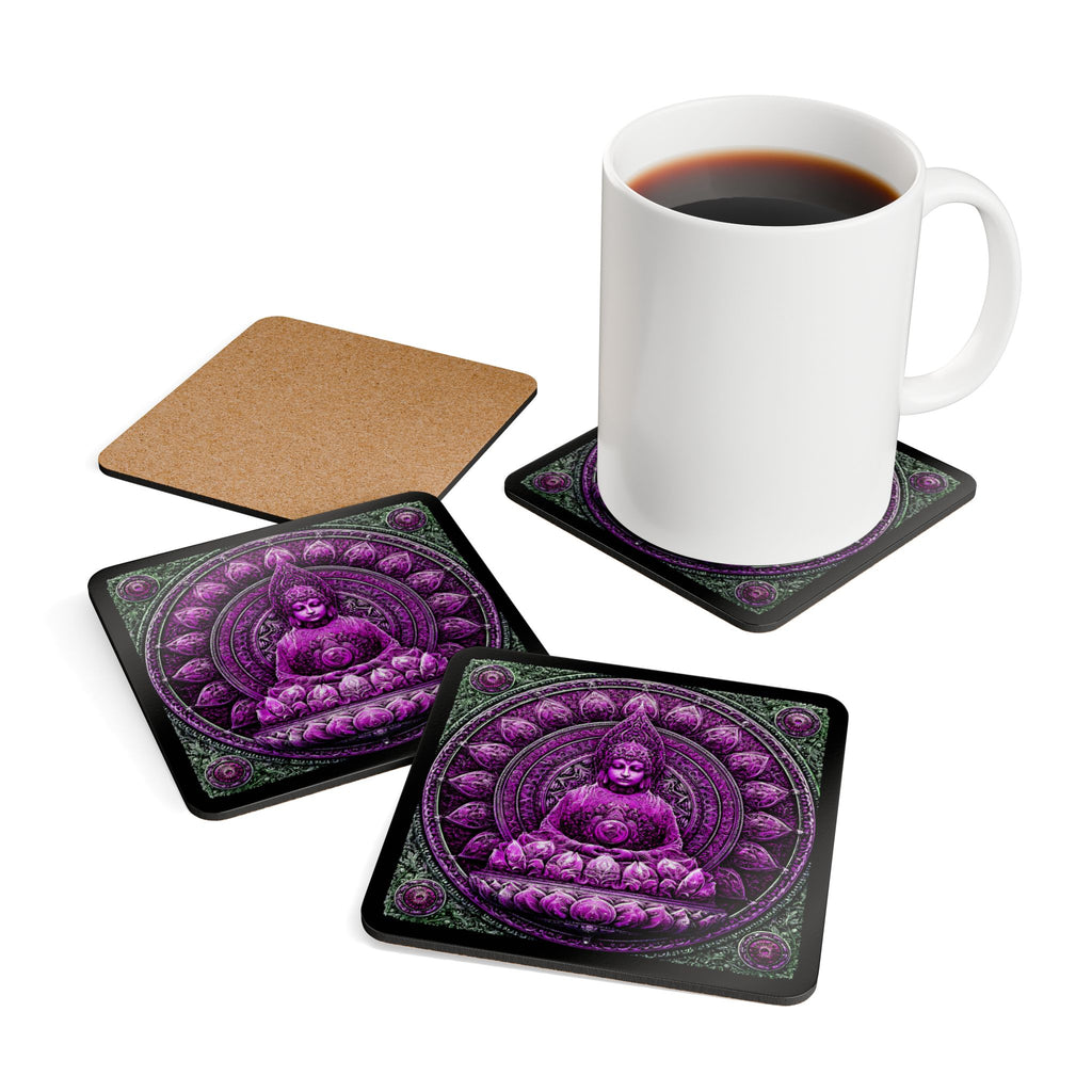 Buddha Mandala Corkwood Coaster Set – Purple Lotus Meditation Drink Coasters