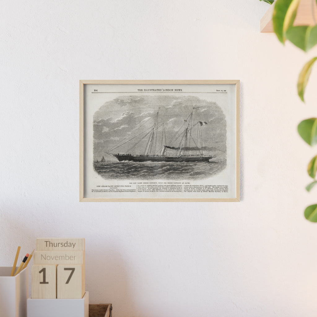 The New Yacht JEROME NAPOLEON, Built for Prince NAPOLEAN at Havre. Framed Vintage Ship Print Poster — Nautical Wall Art with Wooden Frame