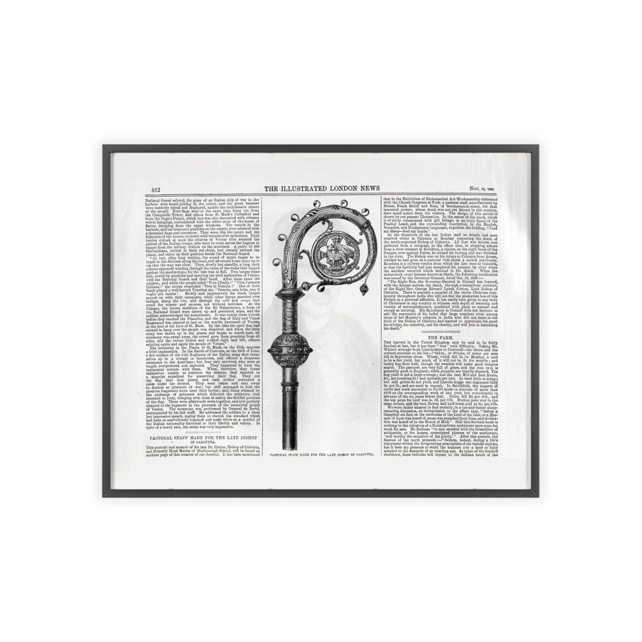 Vintage Illustrated Poster with Wooden Frame — Antique Newspaper Art Print