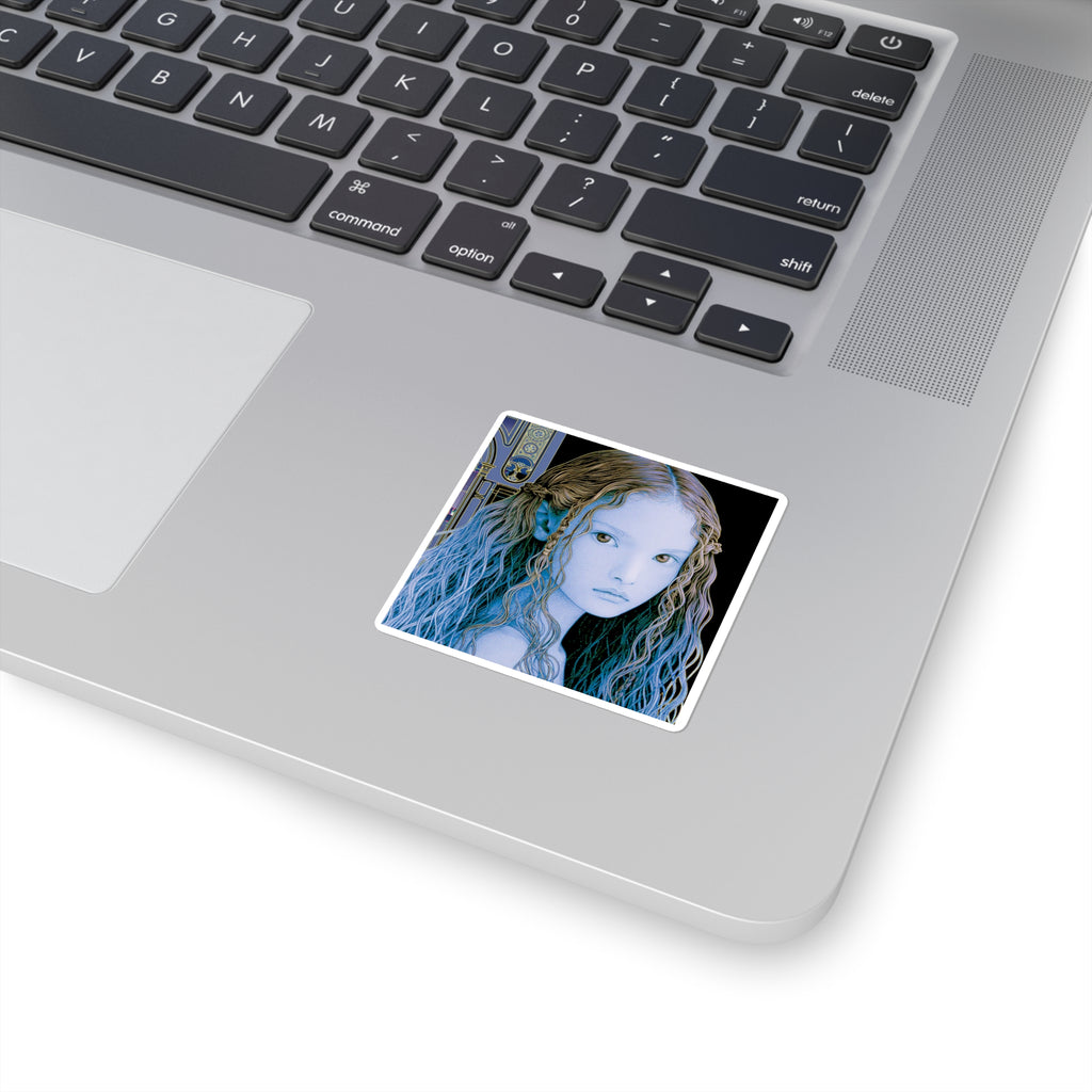 Ethereal Blue Elf Girl Square Sticker — Fantasy Anime Art Laptop Decal