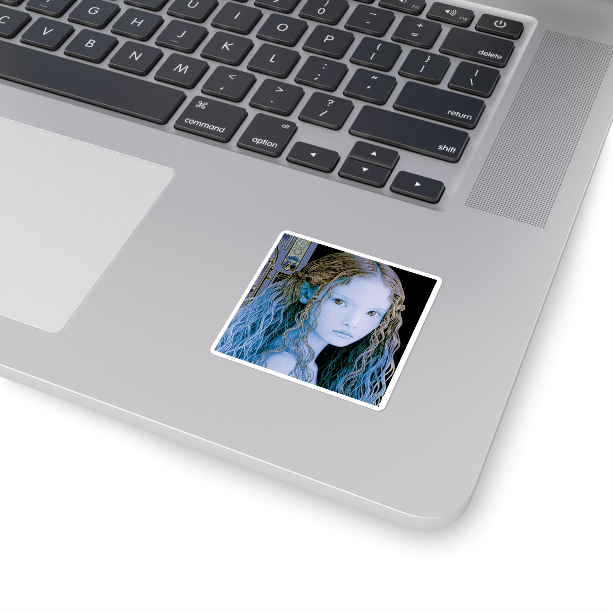 Ethereal Blue Elf Girl Square Sticker — Fantasy Anime Art Laptop Decal