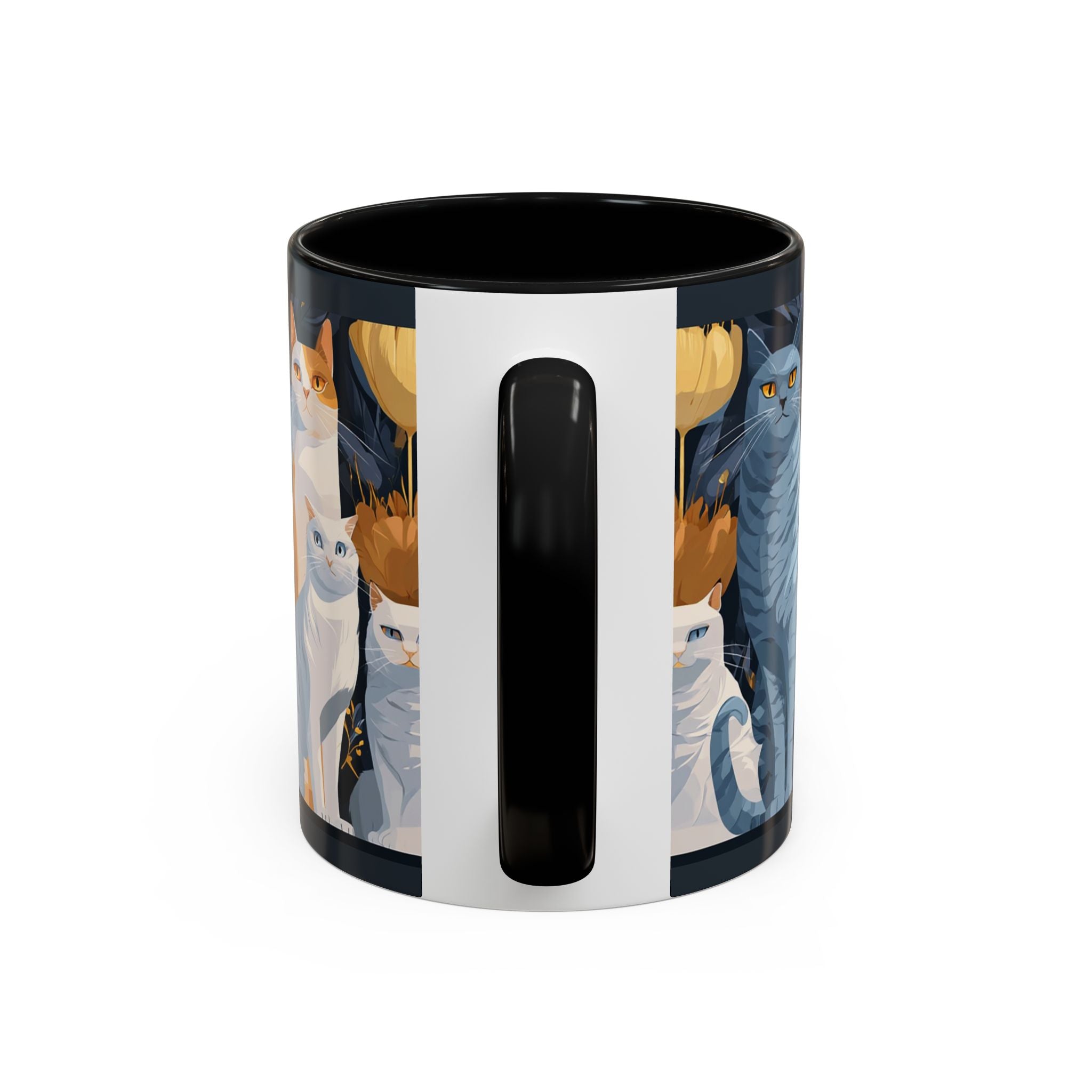 Cat Pattern Accent Coffee Mug — Illustrated Cats Floral Night Design (11/15oz)