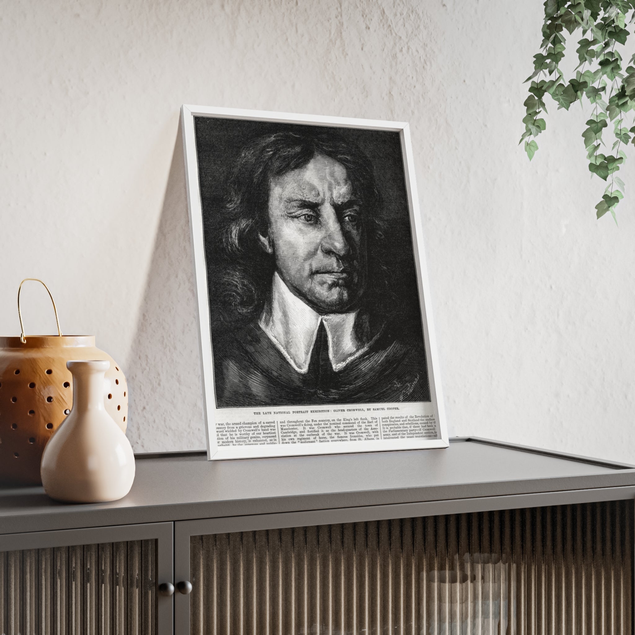 OLIVER CROMWELL. Historical Portrait Poster with Wooden Frame — Vintage Chalk-Style Print