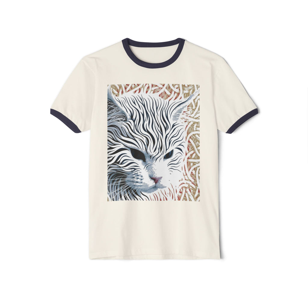 Cat Portrait Ringer Tee — Stylized Stripe-Faced Cat Graphic T-Shirt